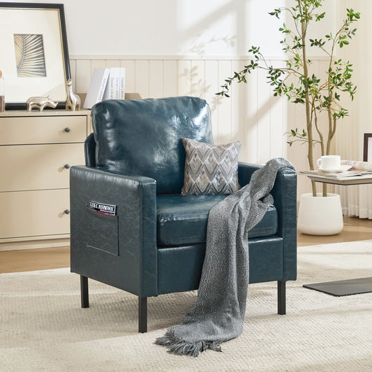STHOUYN Accent Chairs Set of 2 w/Side Pockets, Faux Leather Chairs w/Wooden Frame, Mid Century Modern Reading Chair for Office, Armchairs for Living Room, Dorm, Apartment (1, Blue)