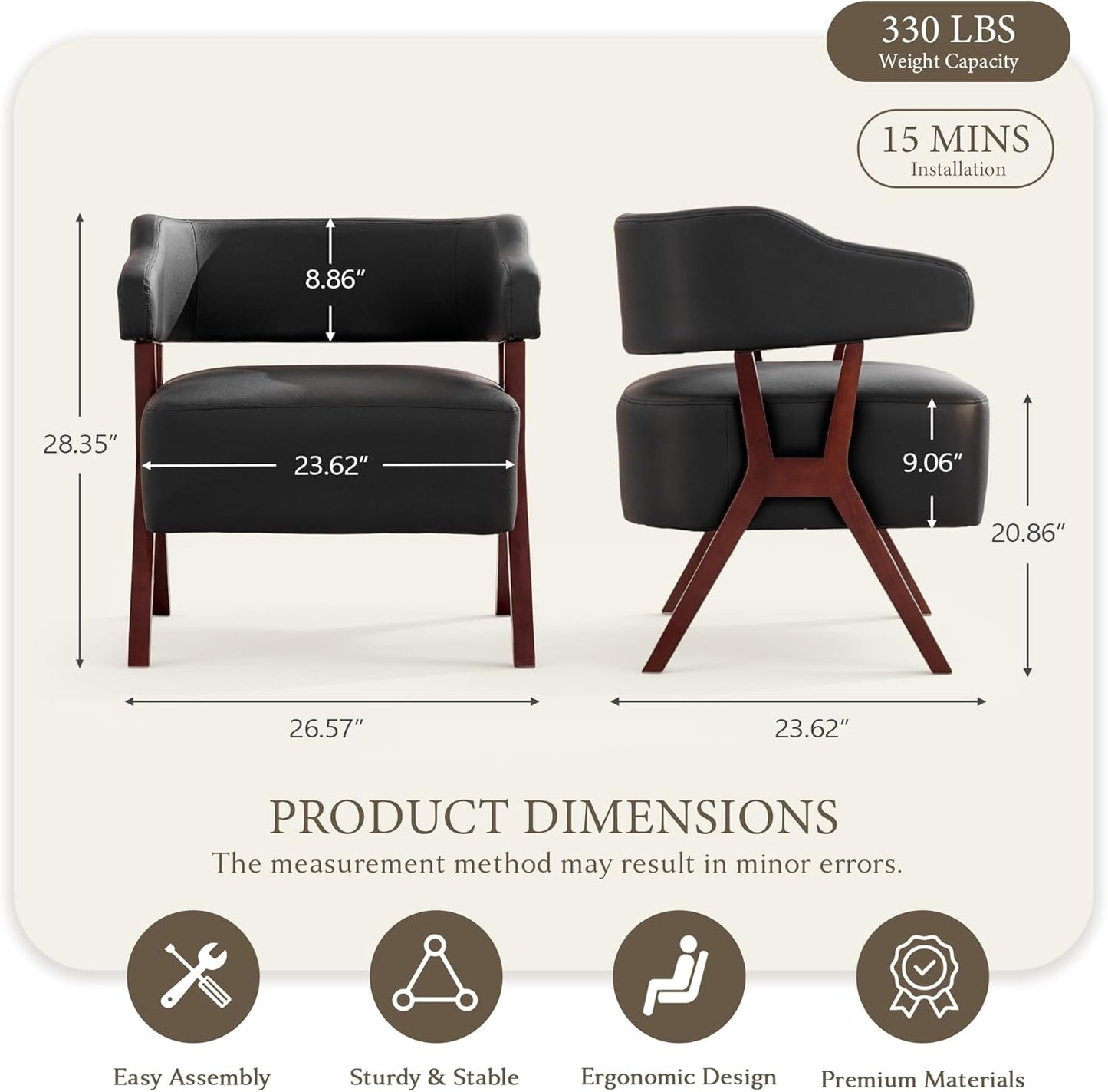 STHOUYN Leather Accent Chairs, Barrel Chair with Solid Wood Frame, Mid-Century Modern Wooden Armchair with Wraparound Back, Comfy Office Reading Chair for Living Room, Bedroom (1, Black)