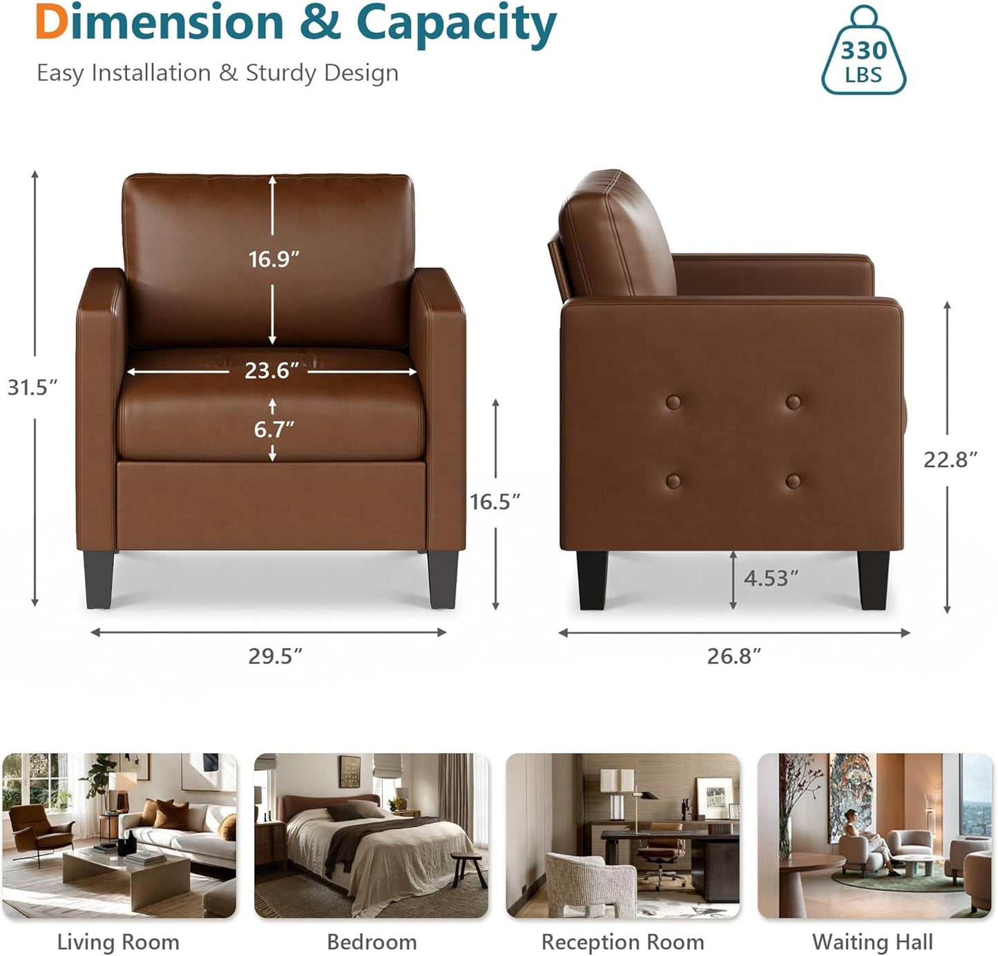 STHOUYN Accent Chair, Brown Leather Chair, Mid-Century Modern Living Room Chairs, Cozy Office Reading Chair with Tufted Seat and Armrest, Reception Armchairs for Bedroom, Waiting Room