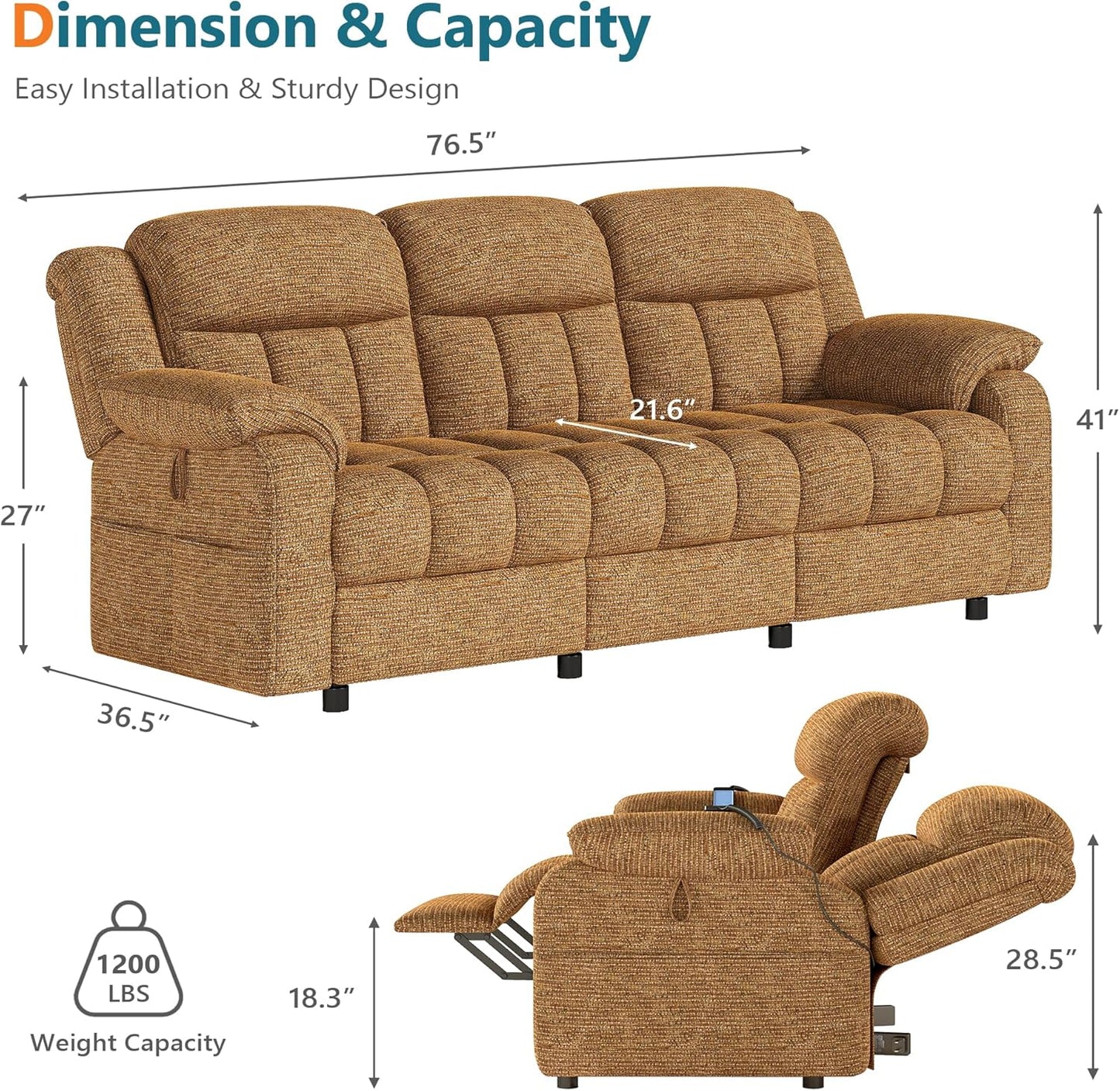 STHOUYN Electric Recliner Sofa Couch, Power Reclining Sofa Loveseat with Pockets & Adjustable Backrest, Comfy Chenille Upholstered 3 Seater Couch for Living Room, Home Theater (Camel Brown)
