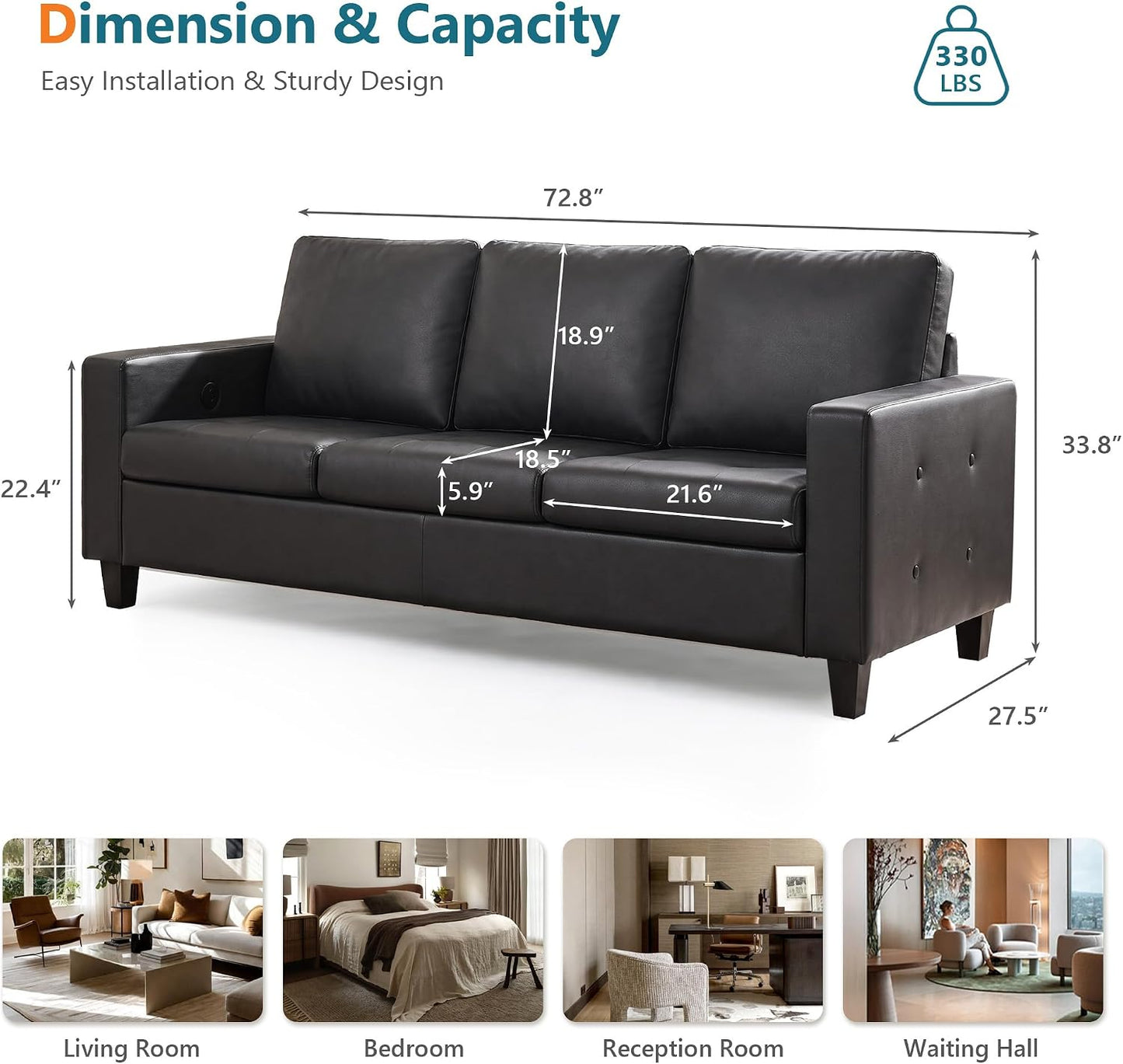 73” Black Faux Leather Couch, Comfy 3 Seater Sofa | STHOUYN, Modern, Tufted Armrest, USB Charger, Small, Living Room, Office, Apartment, Bedroom