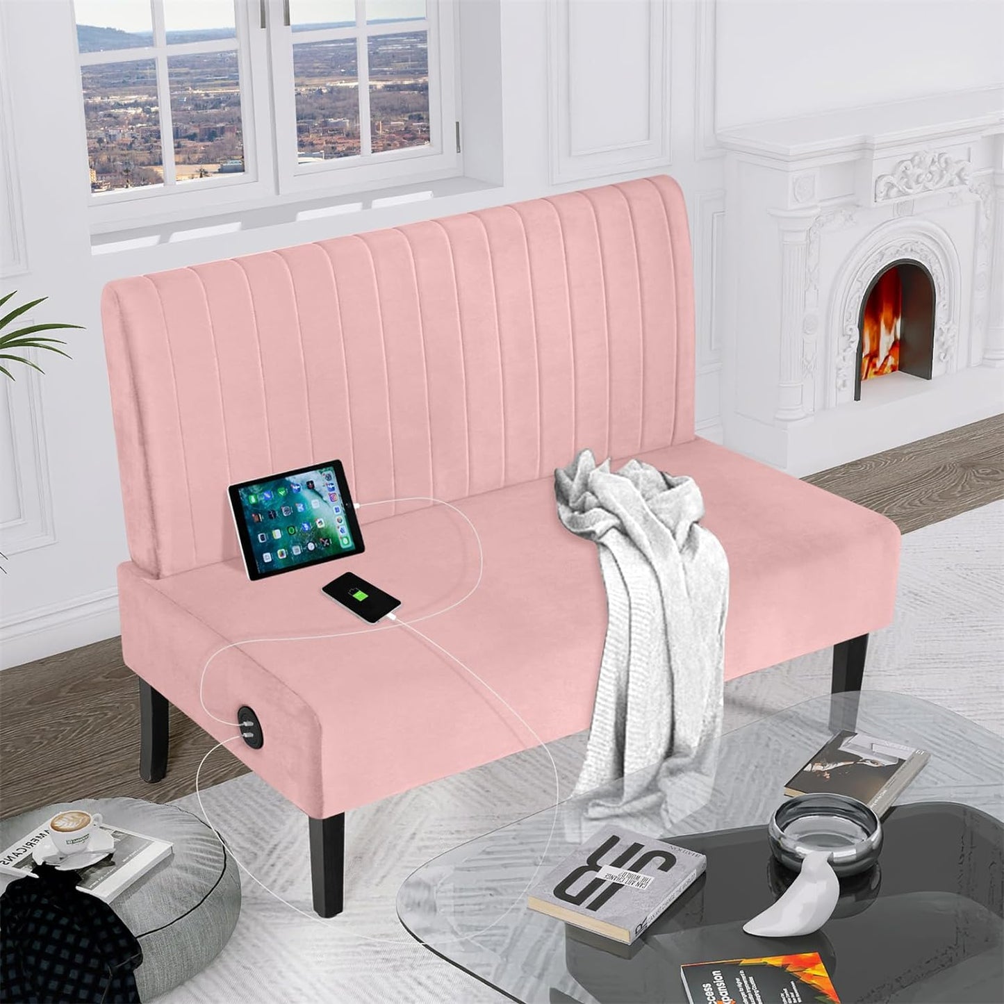 STHOUYN Mini Small Comfy Couch Armless Loveseat Sofa for Bedroom with USB Port, Velvet Small Couches for Small Spaces Living Room, Apartment Office Dorm (Pink)