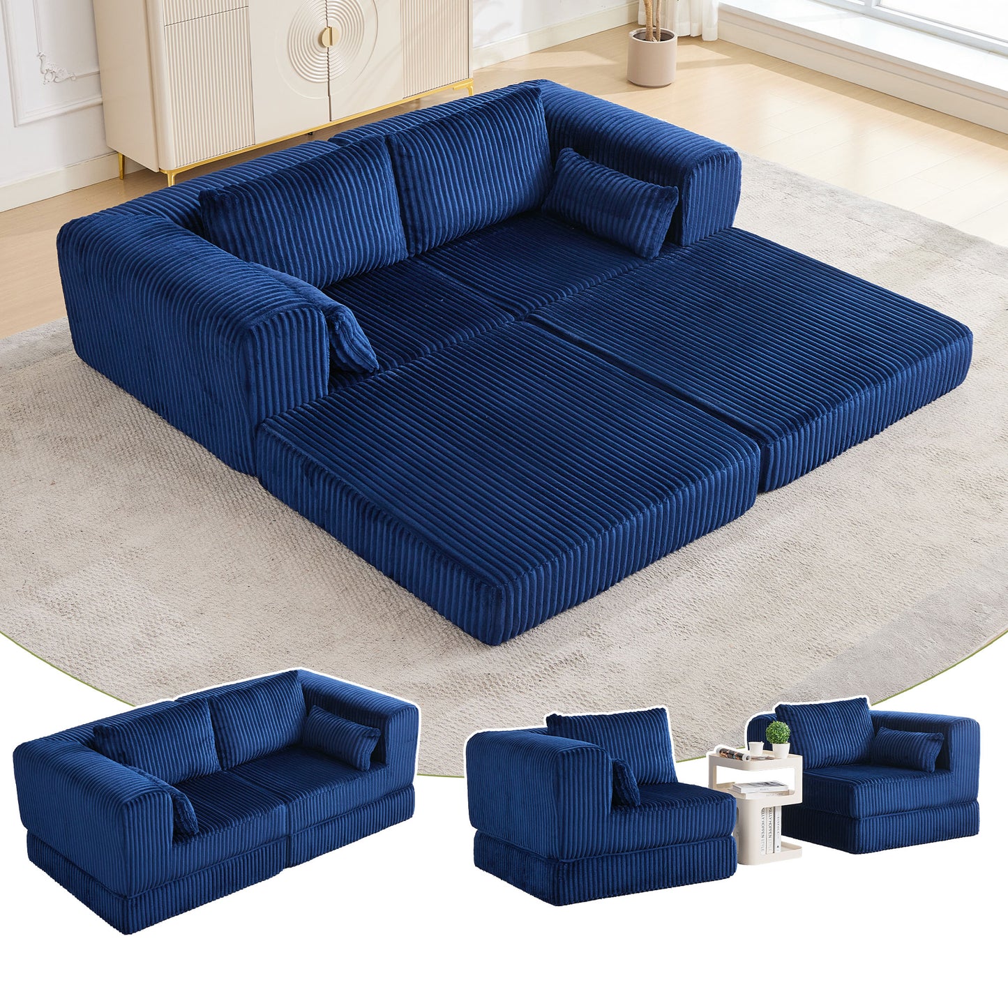 STHOUYN 79" Corduroy Folding Convertible Sleeper Sofa Bed Queen, Bue Pull Out Floor Modular Couch with Pillow, Memory Foam Boneless Couchs Sectional for Living Room Bedroom (2, Navy Blue)