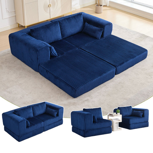 STHOUYN 79" Corduroy Folding Convertible Sleeper Sofa Bed Queen, Bue Pull Out Floor Modular Couch with Pillow, Memory Foam Boneless Couchs Sectional for Living Room Bedroom (2, Navy Blue)