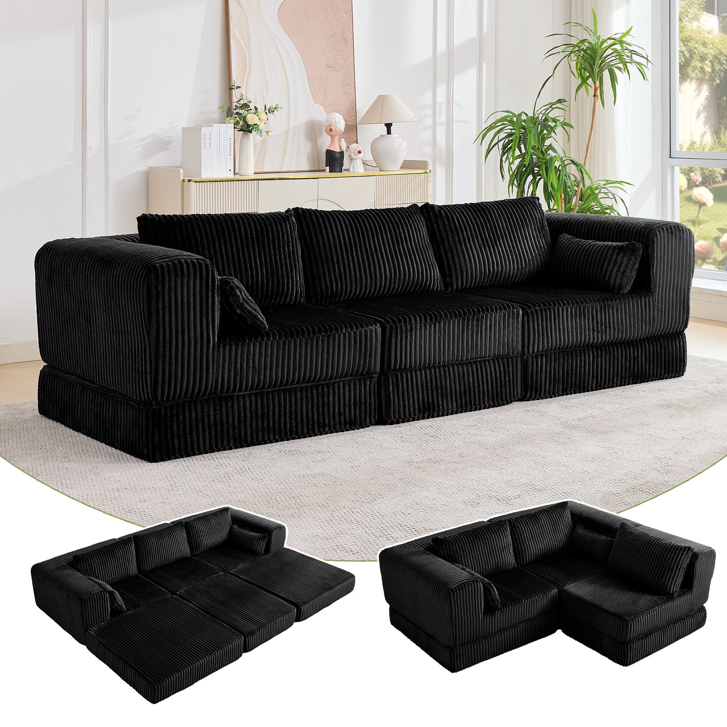 STHOUYN 106" Corduroy Folding Convertible Sleeper Sofa Bed, Black Pull Out Floor Modular Couch with Pillow, Memory Foam Boneless Couchs Sectional for Living Room Bedroom (3, Black)