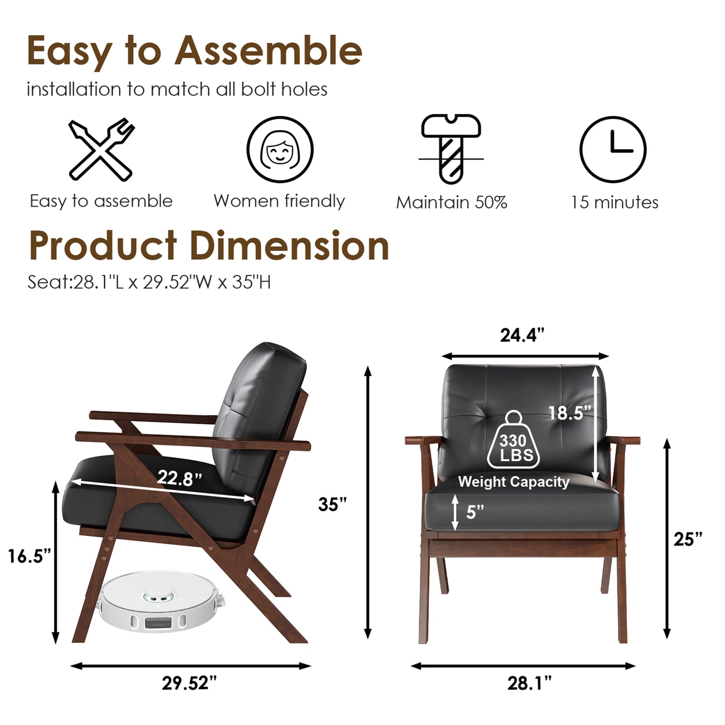 STHOUYN Black Leather Office Accent Chair Set of 2 with Wooden Arms, Comfy Guest Waiting Room Chairs, Mid Century Modern Chair, Side Arm Chairs for Living Room (Black, 2pcs)