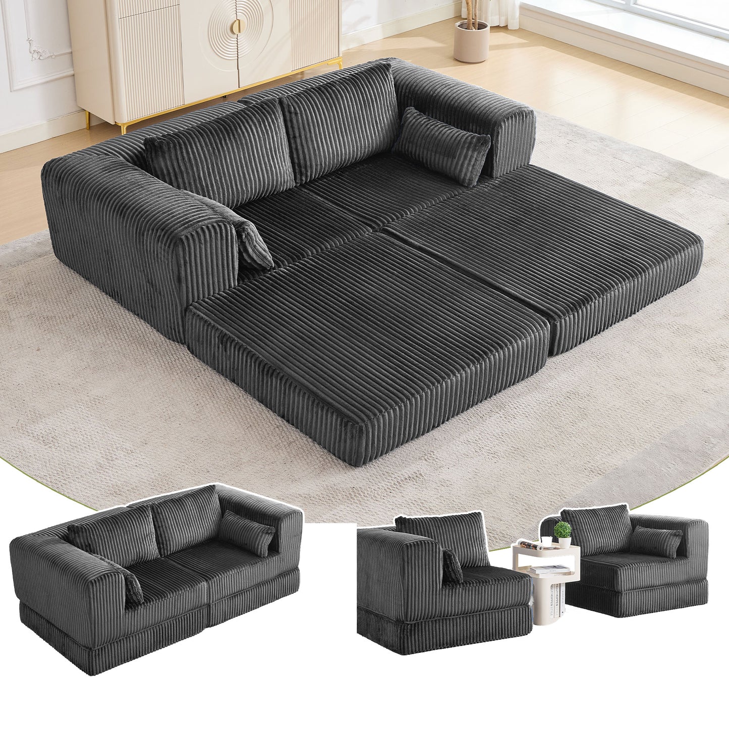 STHOUYN 79" Corduroy Folding Convertible Sleeper Sofa Bed Queen, Grey Pull Out Floor Modular Couch with Pillow, Memory Foam Boneless Couchs Sectional for Living Room Bedroom (2, Grey)