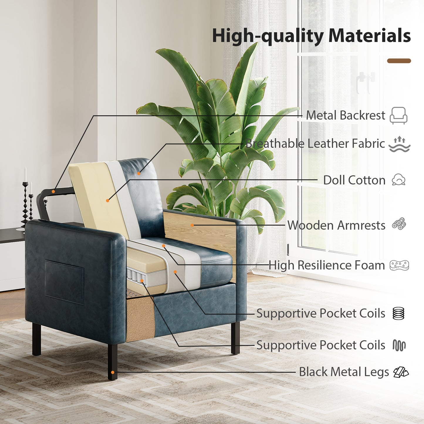 STHOUYN Accent Chairs Set of 2 w/Side Pockets, Faux Leather Chairs w/Wooden Frame, Mid Century Modern Reading Chair for Office, Armchairs for Living Room, Dorm, Apartment (1, Blue)