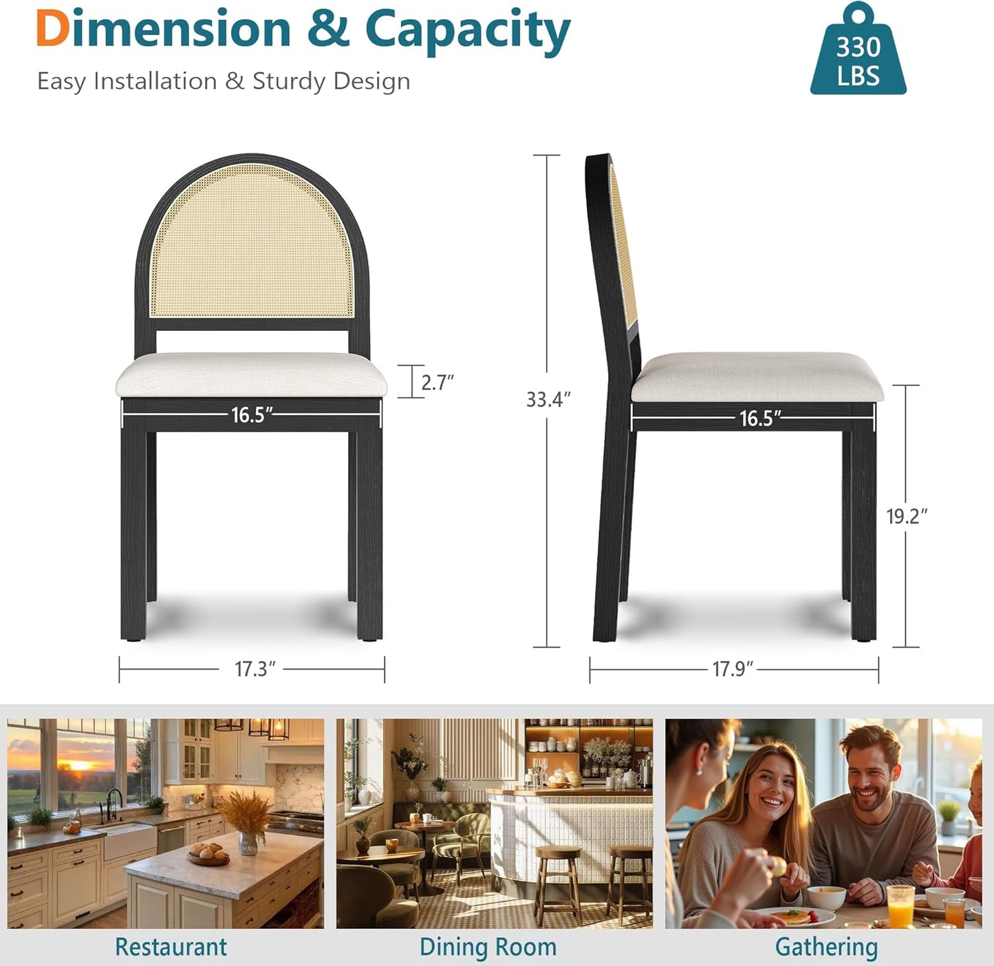 STHOUYN Upholstered Rattan Dining Chairs Set of 6, Farmhouse Solid Wood Dining Room Chair with Natural Rattan Woven Back and Chenille Seat, Mid-Century Modern Wooden Kitchen Chairs (6, Black)