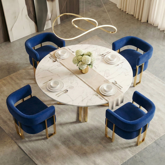 STHOUYN Modern Blue Velvet Dining Chairs Set of 4 with Gold Metal Legs, Mid Century Barrel Kitchen Chairs Set, Upholstered Accent Armchairs Dining Room Table Set, Living Room, Apartment (Blue, 4pcs)