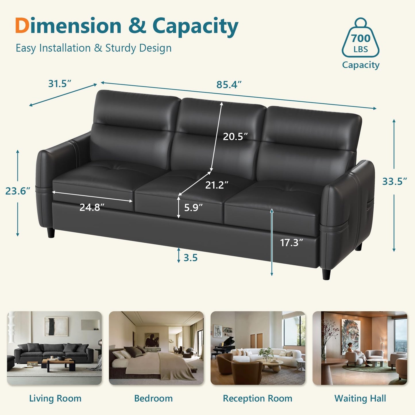 85” Black Faux Leather Couch with USB, 3 Seater Couch for Living Room, Large Mid Century Modern Office Sofa for Apartment, Bedroom