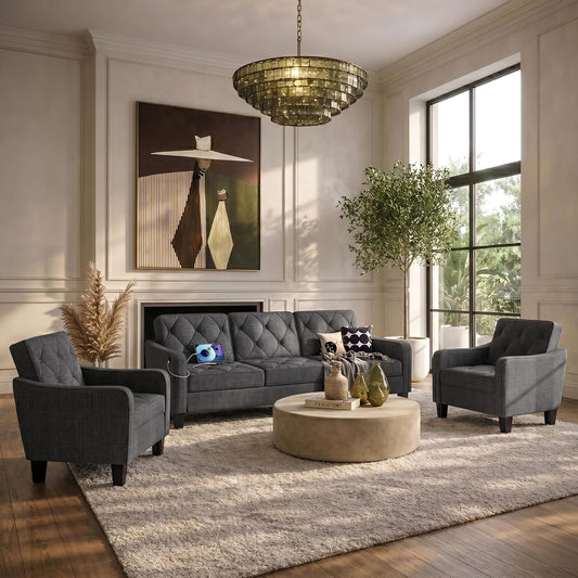 3-Piece Dark Grey Fabric Sofa Set, 2 Accent Chairs & 3 Seater Couch, Tufted