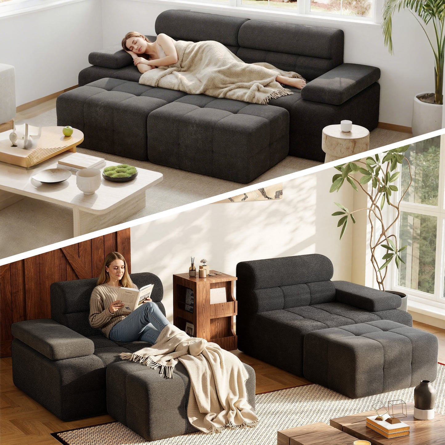 STHOUYN 100" Modular Cloud Sofa Sectional Couch with Ottoman & Higher Backrest, Modern Boneless Couches for Living Room Set Corner Sofa (Black, 99 Inches)