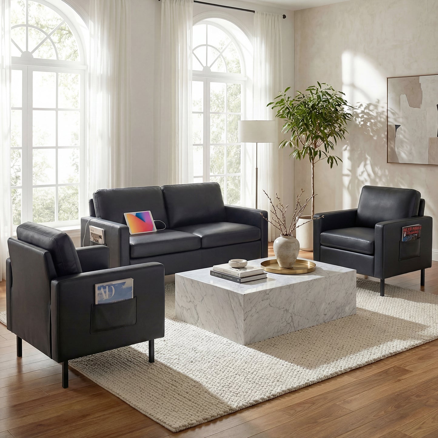 STHOUYN Modern 3-Piece Living Room Set, 56" Black Faux Leather Sofa Loveseat with USB Ports, Small Couch and Chair Set for Small Space, Apartment, Office (Black, 2 Chairs + 1 Loveseat)