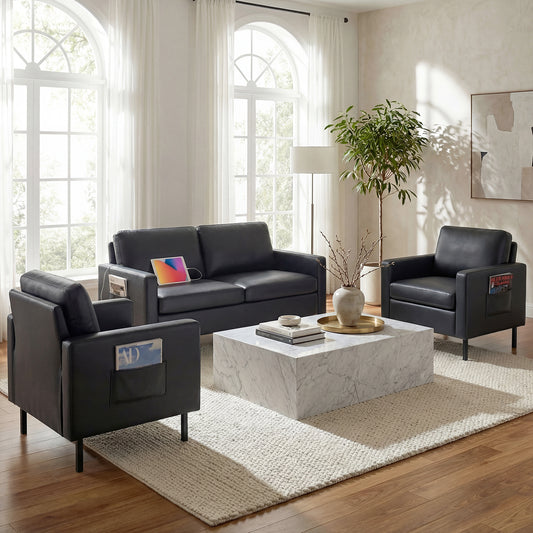STHOUYN Modern 3-Piece Living Room Set, 56" Black Faux Leather Sofa Loveseat with USB Ports, Small Couch and Chair Set for Small Space, Apartment, Office (Black, 2 Chairs + 1 Loveseat)