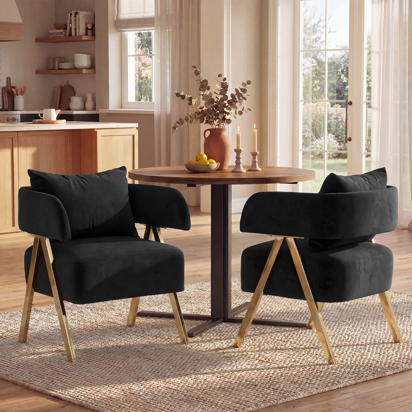 STHOUYN Modern Black Dining Chairs Set of 2 for Kitchen, Velvet Upholstered Kitchen Chairs for Dinning Room, Barrel Chairs for Dining Table with Golden Metal Legs (Black, 2 PCS)