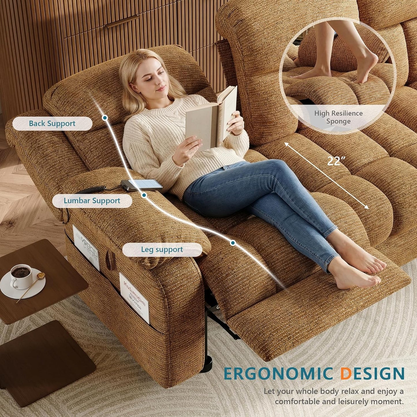 STHOUYN Electric Recliner Sofa Couch, Power Reclining Sofa Loveseat with Pockets & Adjustable Backrest, Comfy Chenille Upholstered 3 Seater Couch for Living Room, Home Theater (Camel Brown)