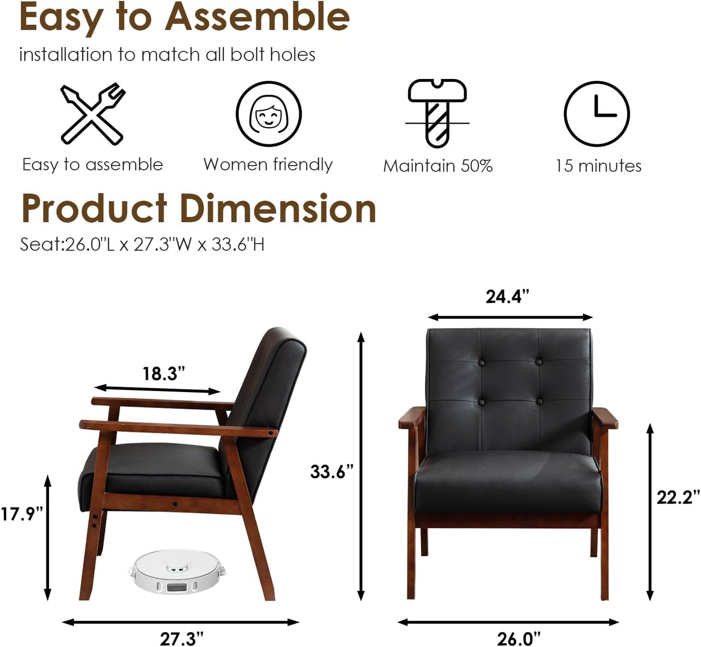 STHOUYN Accent Chair, Black Leather Chair with Wood Frame, Upholstered Tufted Comfy Reading Arm Chair, Mid-Century Modern Living Room Chair, Side Chairs for Living Room, Waiting Room, Office (1)