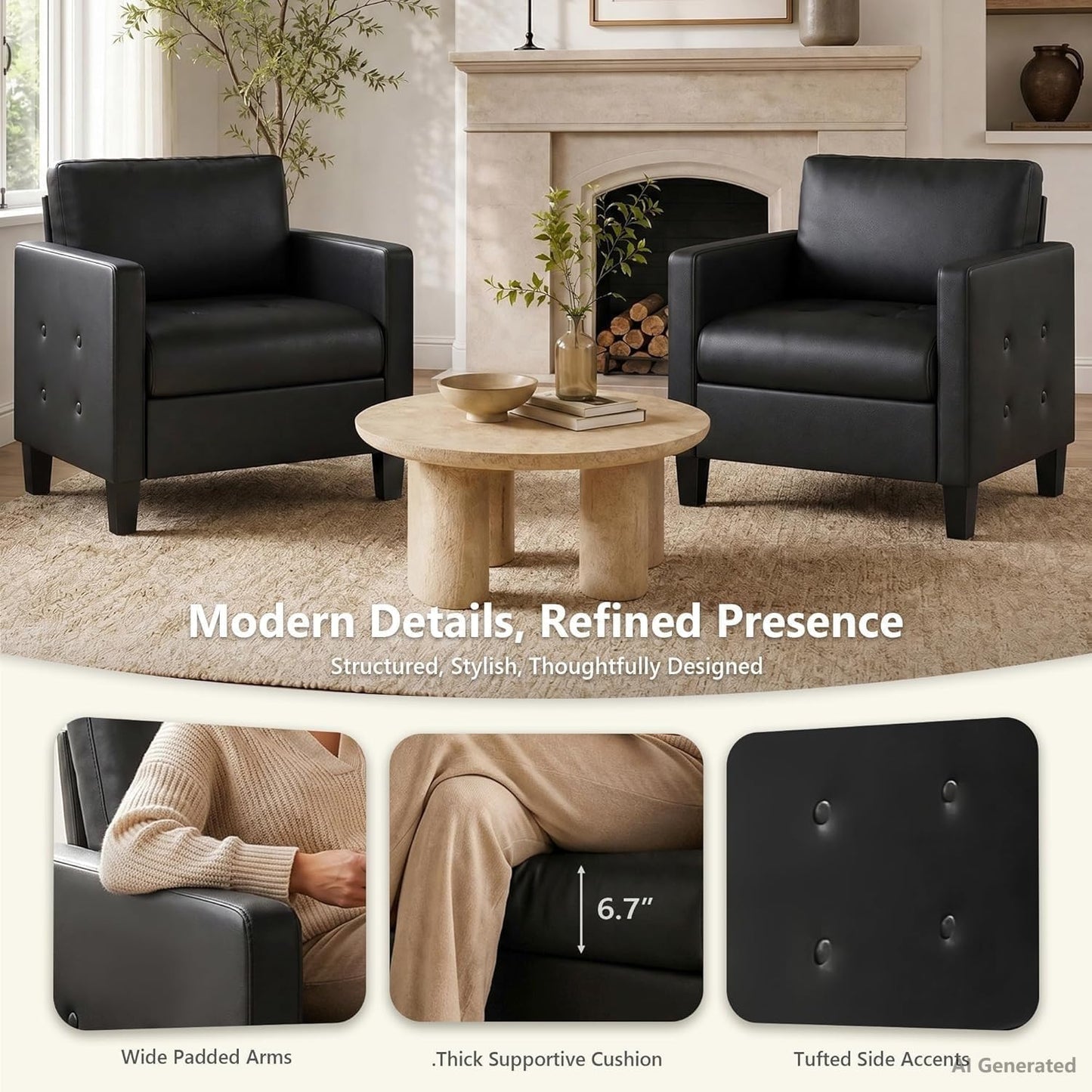 STHOUYN Accent Chairs Set of 2, Faux Leather Living Room Chair, Black, Mid-Century Modern, Tufted Armrest and Seat, Cozy, Office, Reading, Waiting Room, Bedroom