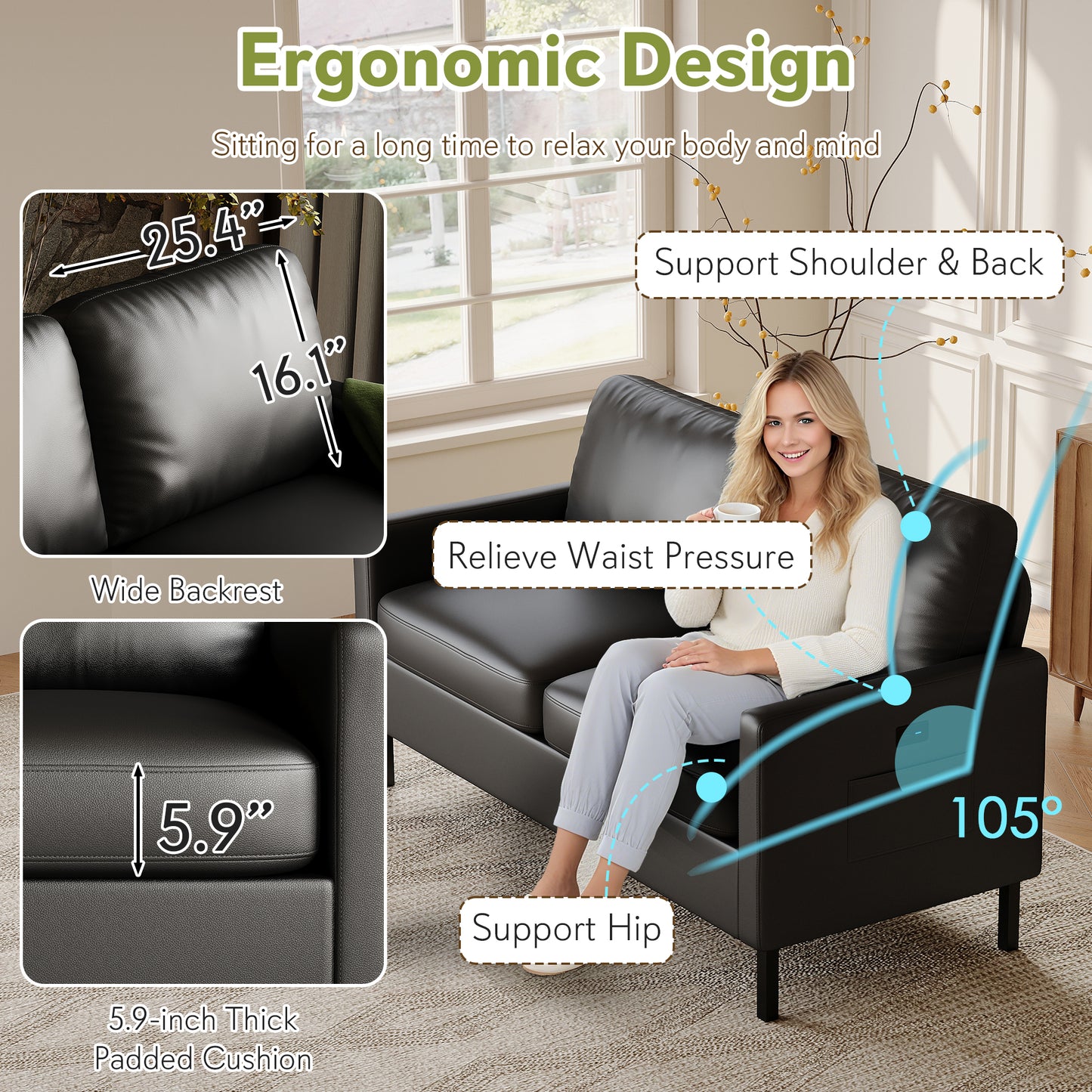 Modern 3-Piece Living Room Set, 56" Faux Leather Couch Set with USB Ports, Office Couch and Chairs for Small Space, Apartment Sofa and Loveseat Set (Black, 2 Chairs + 1 Loveseat)