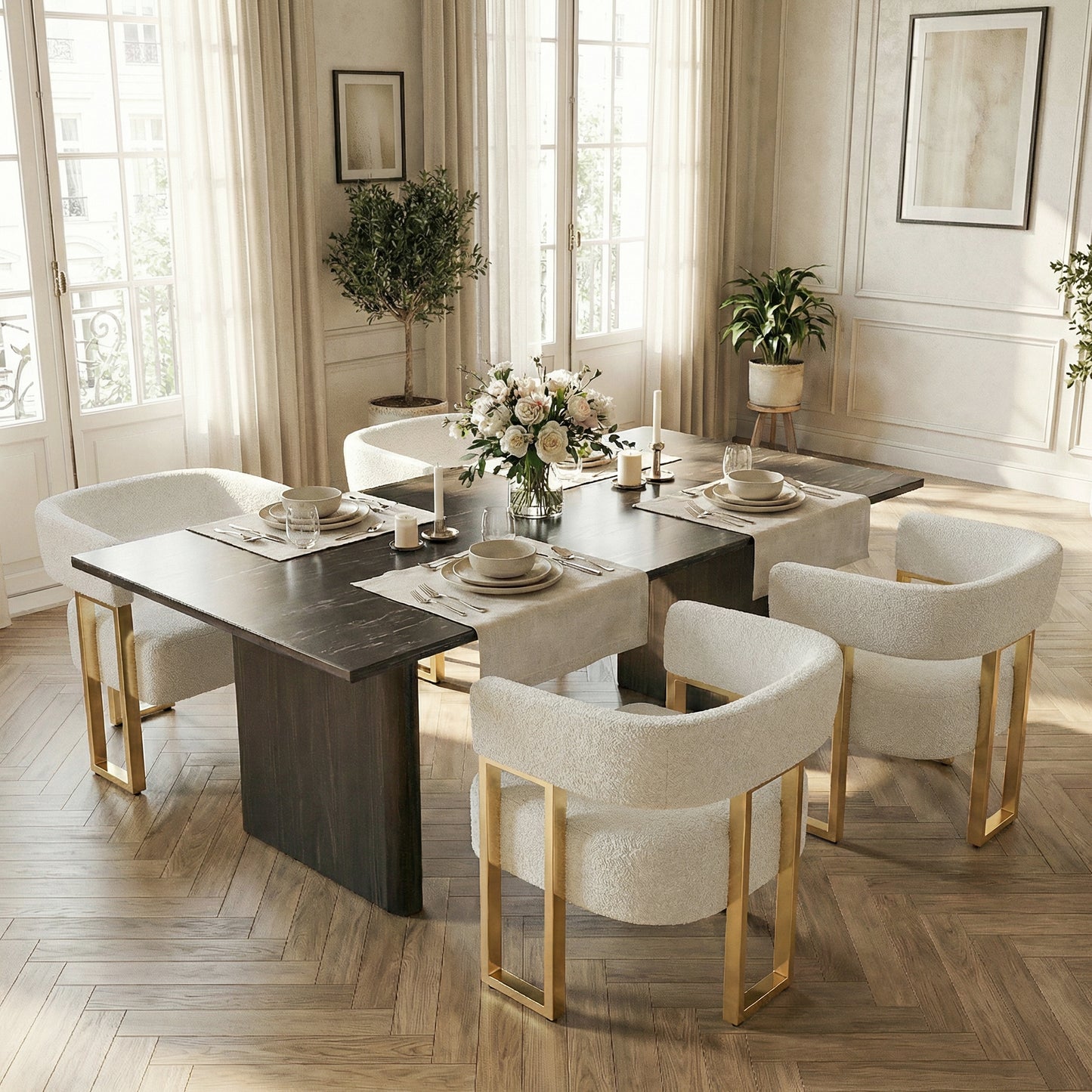 STHOUYN Modern White Boucle Dining Chairs Set of 4 with Gold Metal Legs, Mid Century Barrel Kitchen Chairs Set, Upholstered Accent Armchairs Dining Room Set, Living Room, Apartment (White, 4pcs)