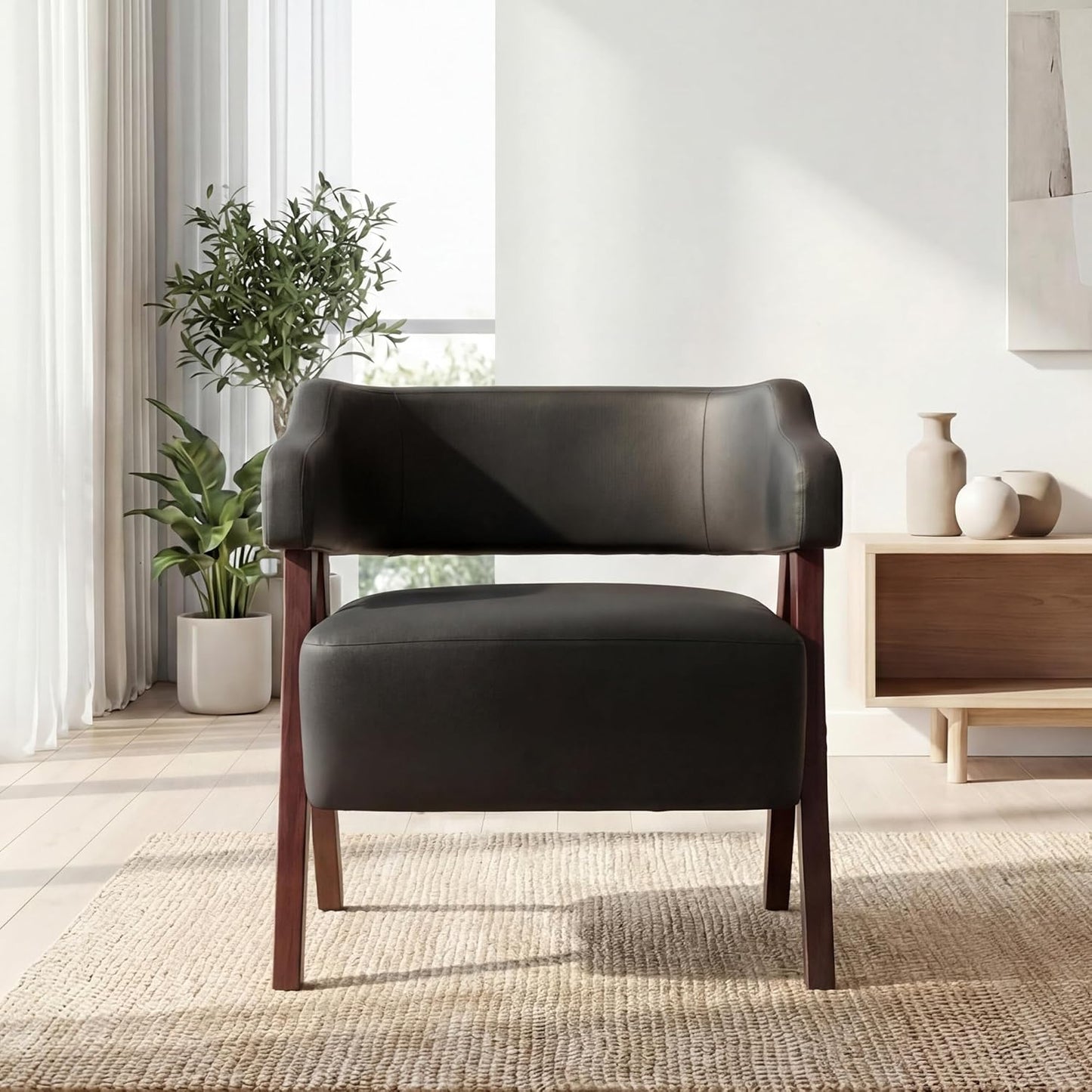 STHOUYN Leather Accent Chairs, Barrel Chair with Solid Wood Frame, Mid-Century Modern Wooden Armchair with Wraparound Back, Comfy Office Reading Chair for Living Room, Bedroom (1, Black)