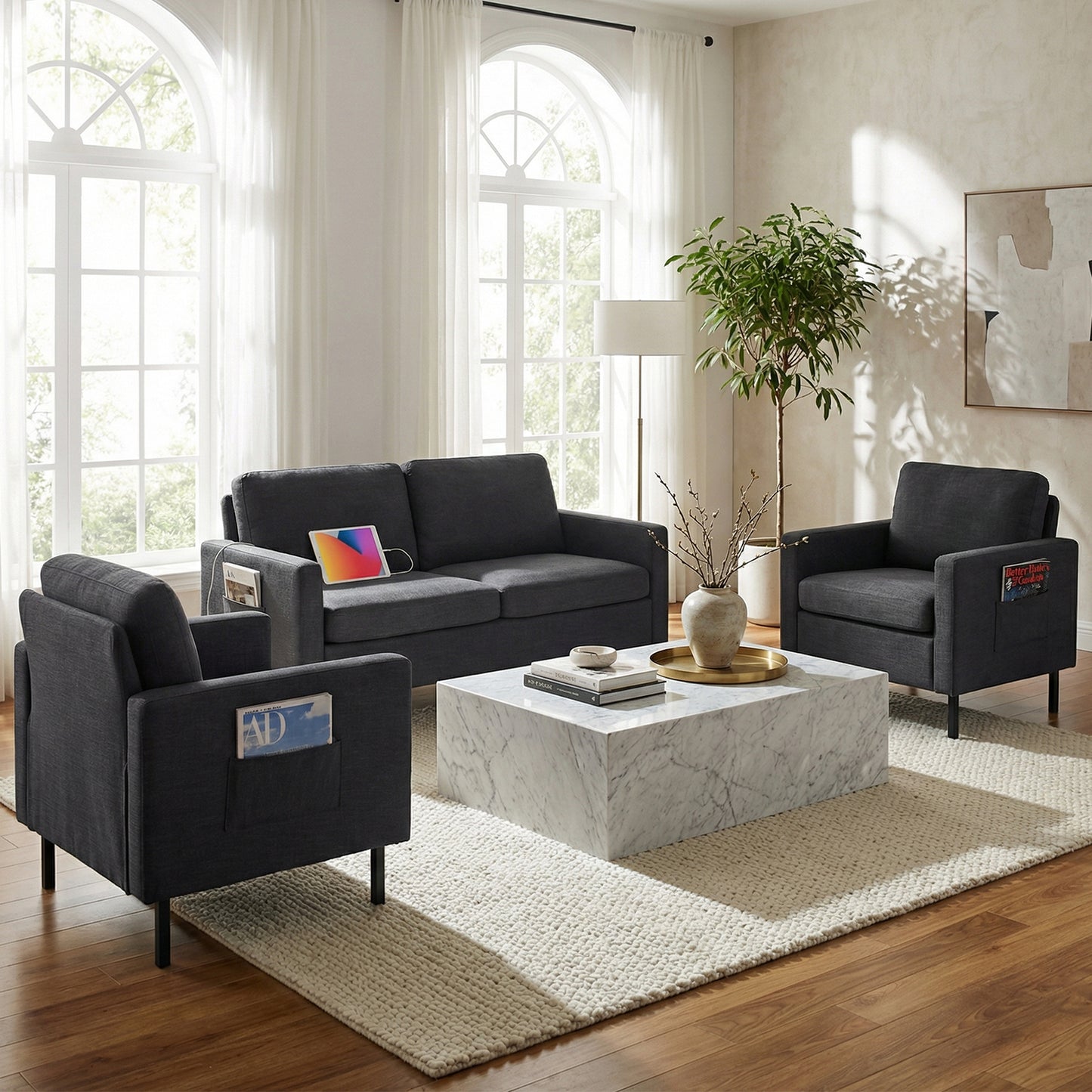STHOUYN Modern 3-Piece Living Room Set, 56" Grey Sofa Loveseat with USB Ports, Small Couch and Chair Set for Small Space, Apartment, Office (Grey, 2 Chairs + 1 Loveseat)