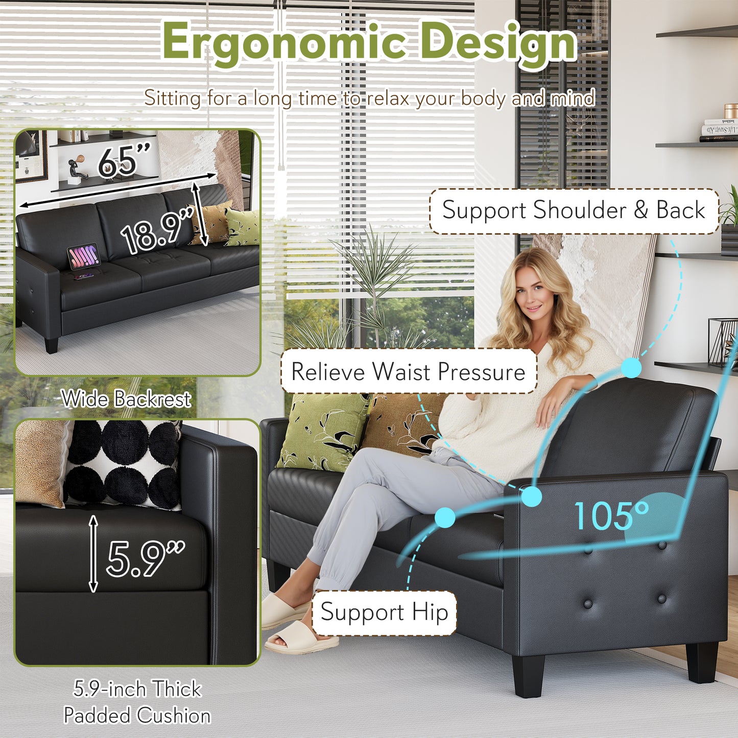 STHOUYN 73” Black Faux Leather Couch, Modern Comfy Office 3 Seater Sofa Couch with Tufted Armrest and USB, Small Love Seat Couches for Living Room, Apartment, Bedroom