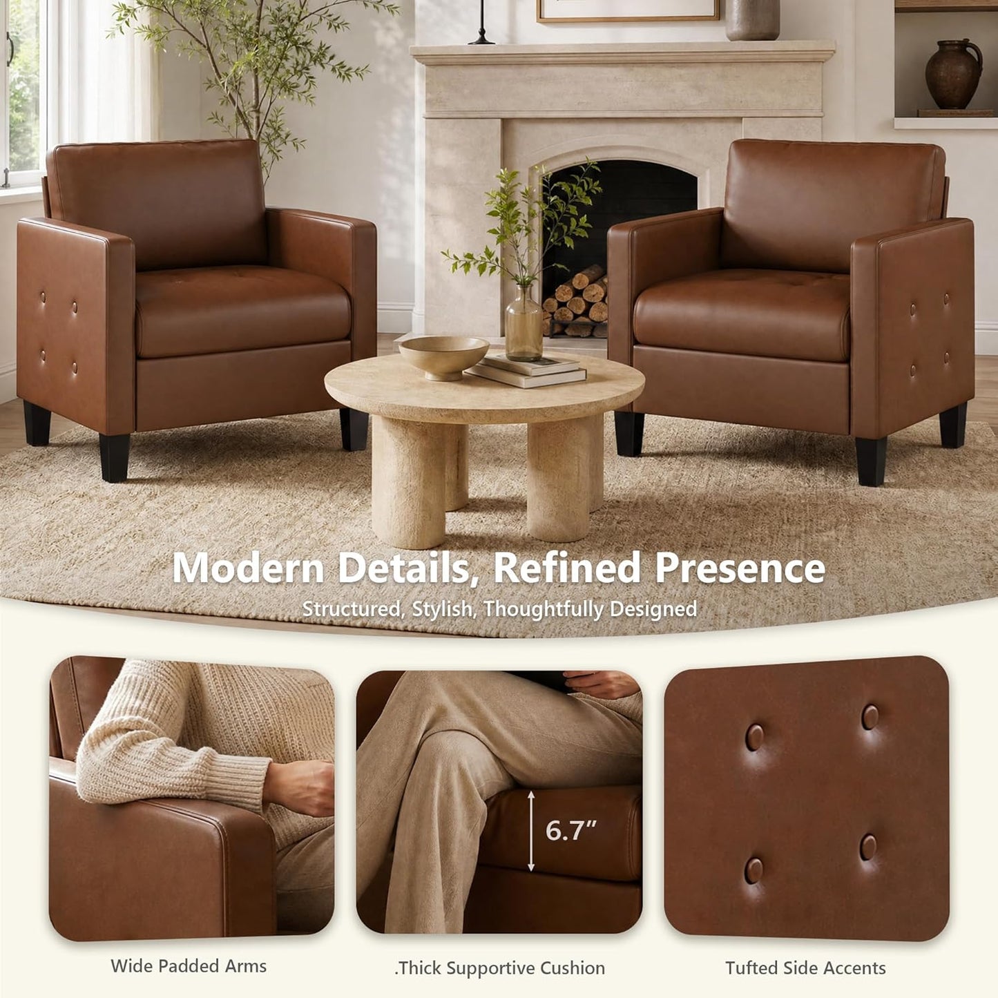 STHOUYN Accent Chairs Set of 2, Brown Faux Leather Chair, Mid-Century Modern Living Room Chairs, Cozy Office Reading Chair with Tufted Armrest and Seat, Armchairs for Waiting Room, Bedroom (2)