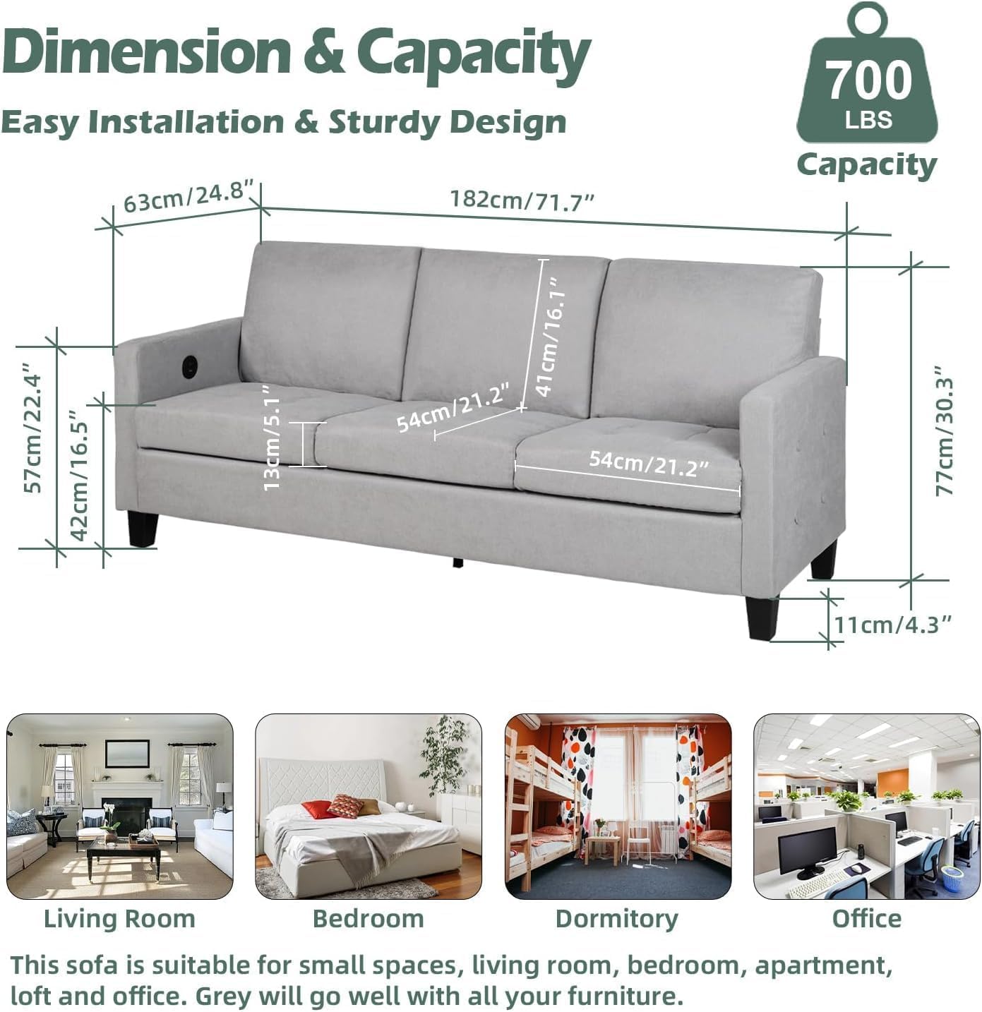 STHOUYN 73" W 3 Seater Couch with USB Ports, Grey Comfy Sofa Couches for Small Spaces, Mid Century Modern Couch Loveseat for Living Room, Bedroom, Apartment (Light Grey)