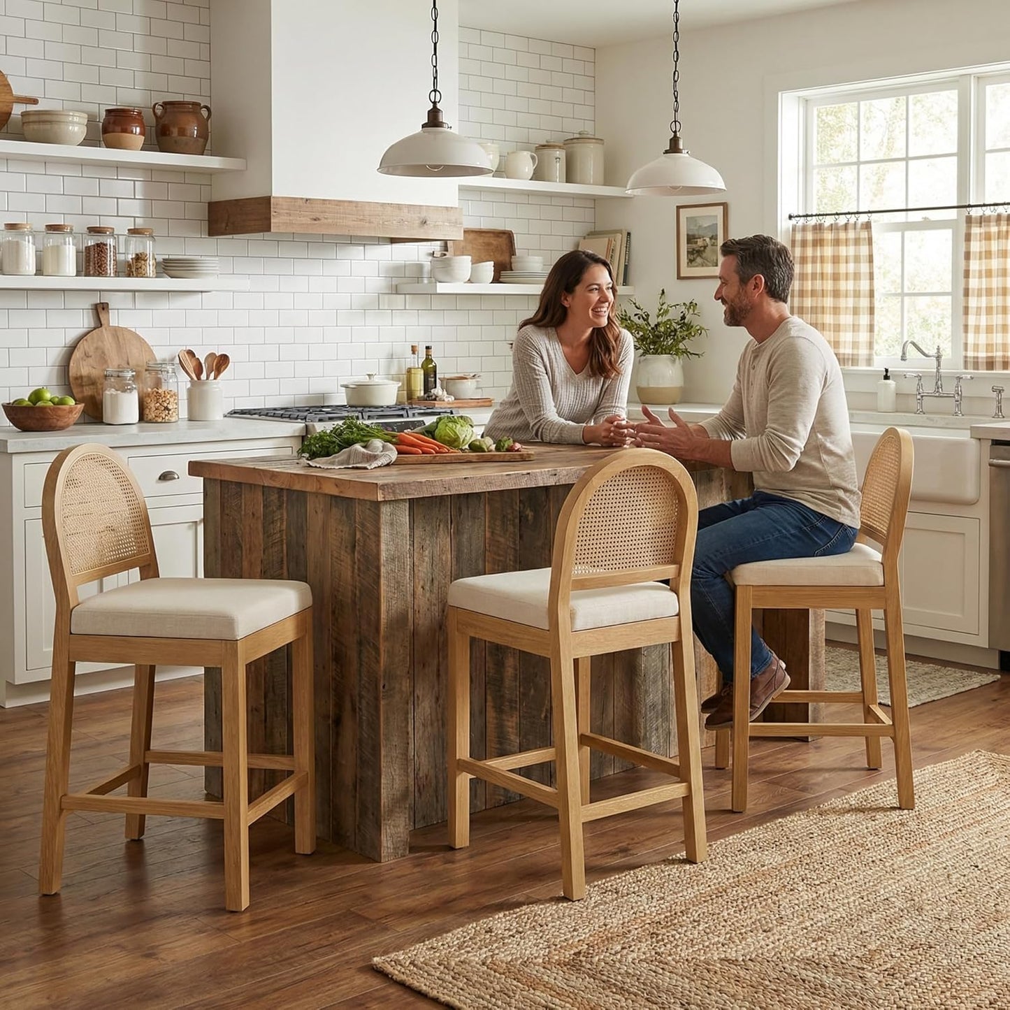 STHOUYN Upholstered Rattan Bar Stools Set of 3, Wooden Counter Height Stools with Natural Rattan Woven Back and Chenille Seat, Mid-Century Modern Barstools Island Chairs for Kitchen
