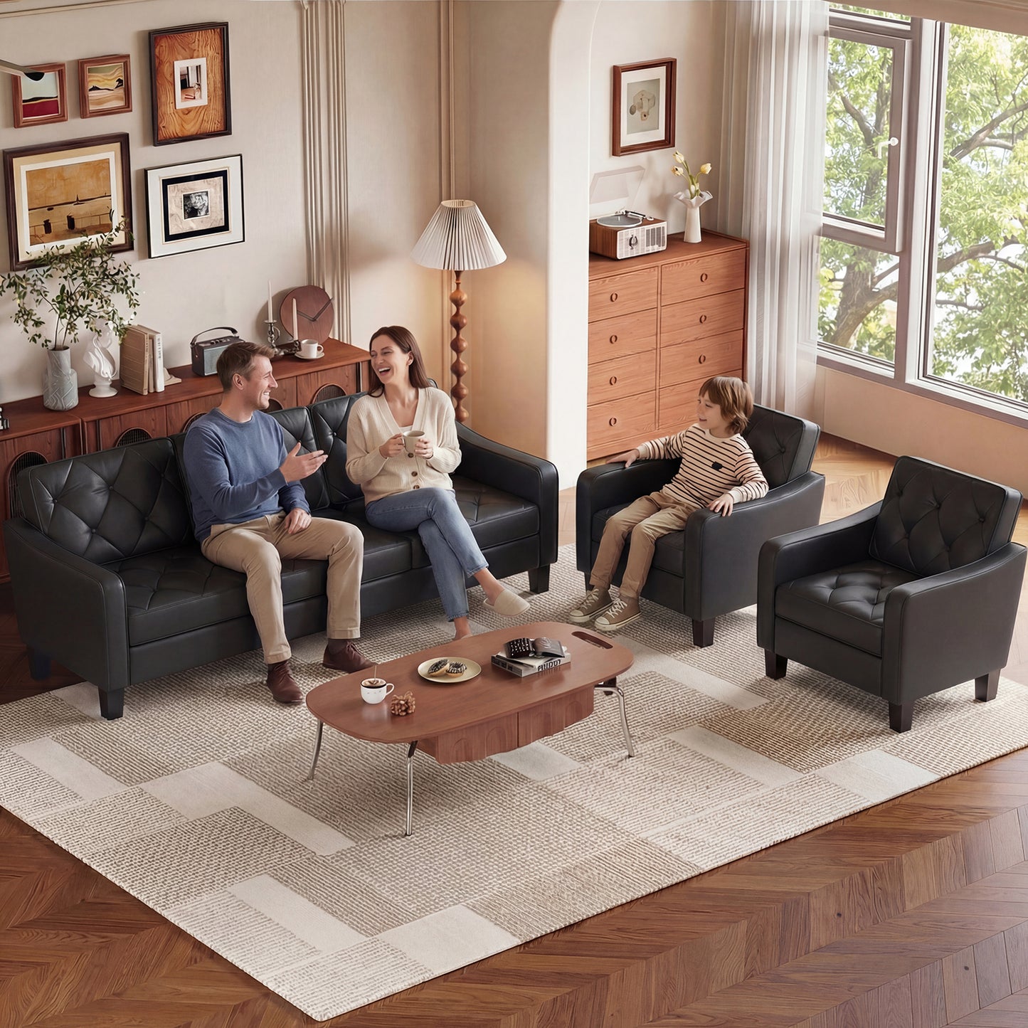 STHOUYN 83” Black Faux Leather Sofas & Couches, Small 3-Seater Sofa for Living Room, Apartment Size Couch, Comfy Mini Couch Living Space Couch Tufted Design, Office, or Waiting Area (Black)
