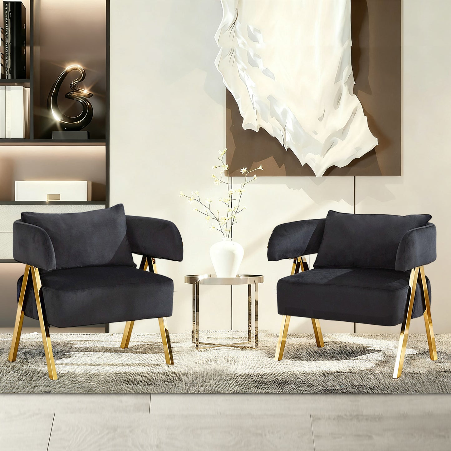 STHOUYN Modern Black and Gold Accent Chairs Set of 2, Velvet Barrel Accent Chair for Living Room Bedroom, Comfy Reading Armchairs (2, Black)