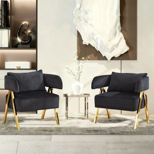 STHOUYN Modern Black and Gold Accent Chairs Set of 2, Velvet Barrel Accent Chair for Living Room Bedroom, Comfy Reading Armchairs (2, Black)