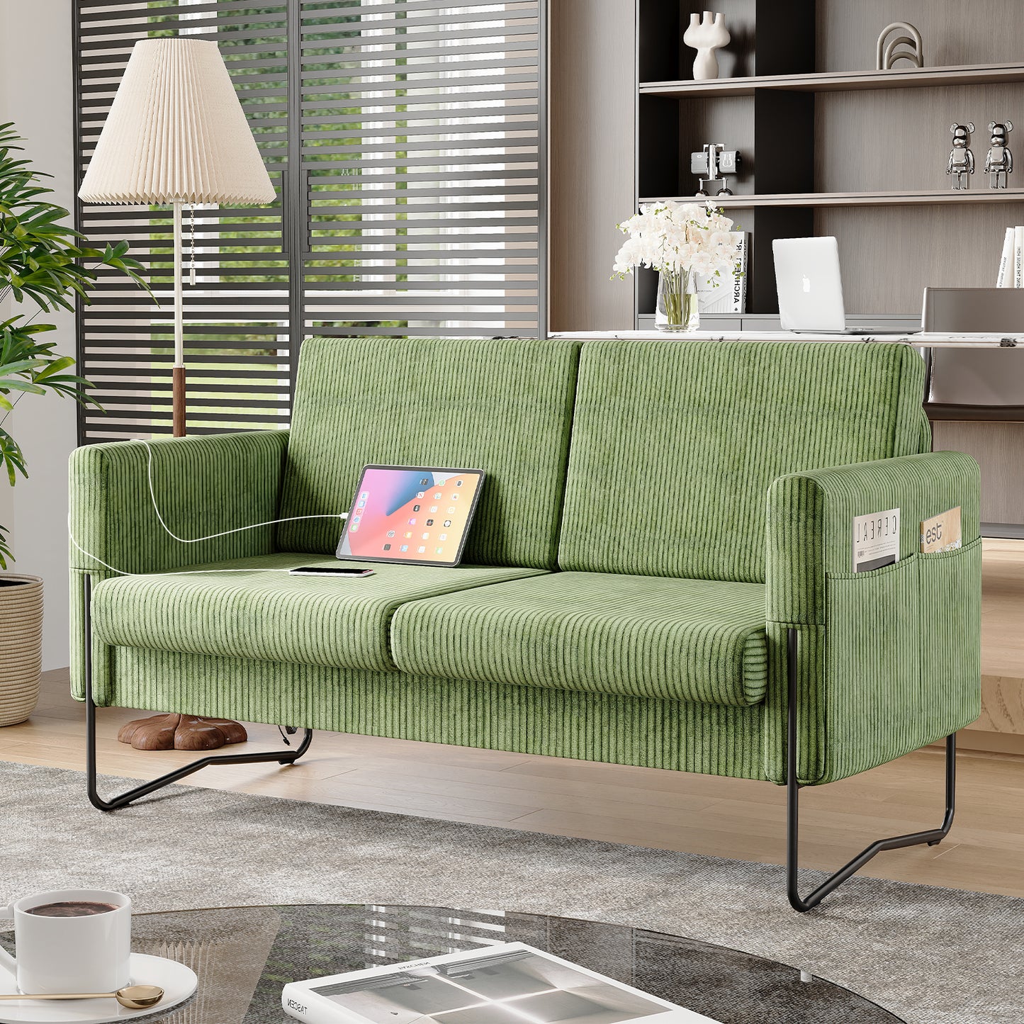 STHOUYN Small Green Love Seat Couches with USB Port & Side Pocket, Small Loveseat for Small Spaces, Mini Sofa for Bedroom, 2 Seater Office Couch (Green)