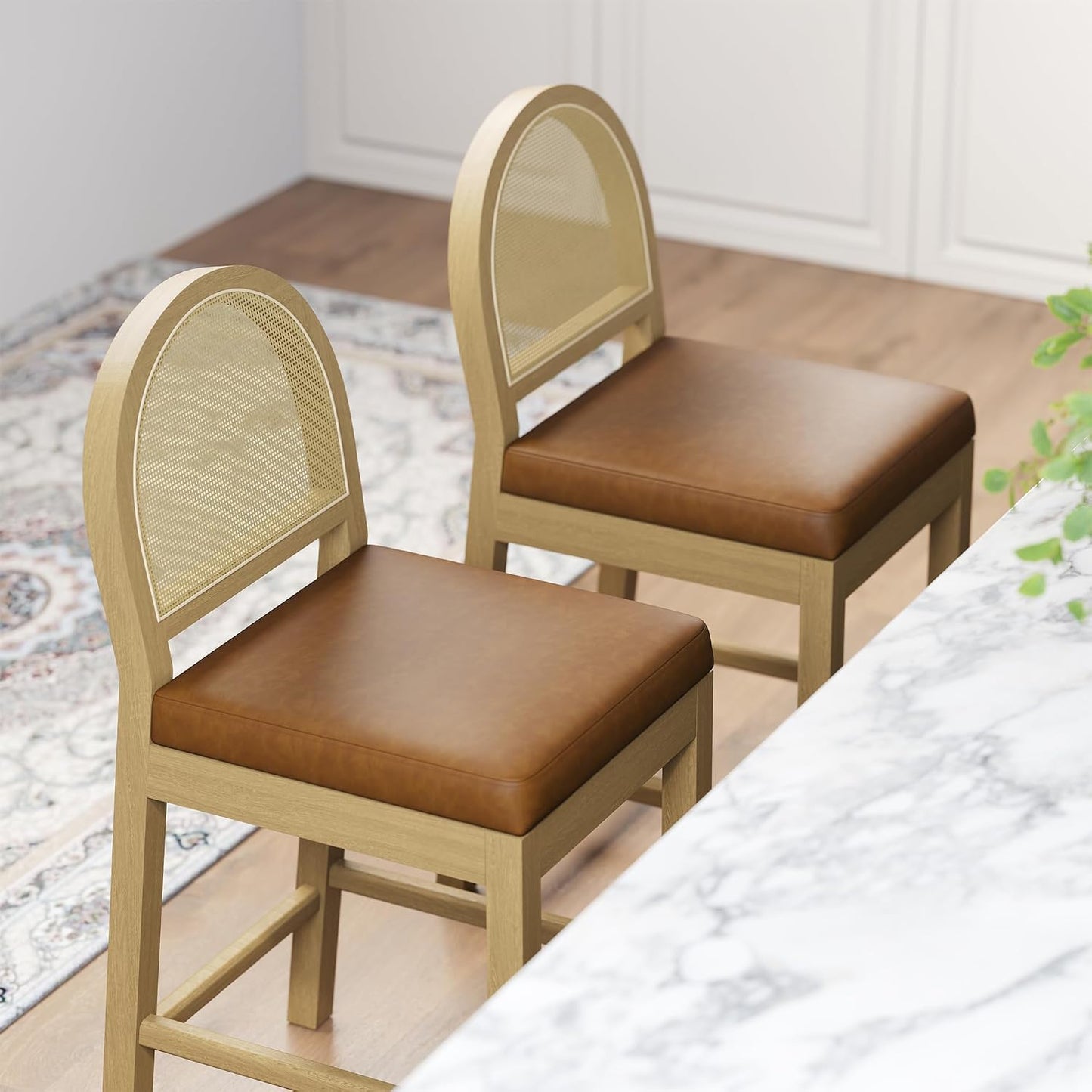 STHOUYN Upholstered Rattan Bar Stools Set of 4, Wooden Island Chairs, Brown