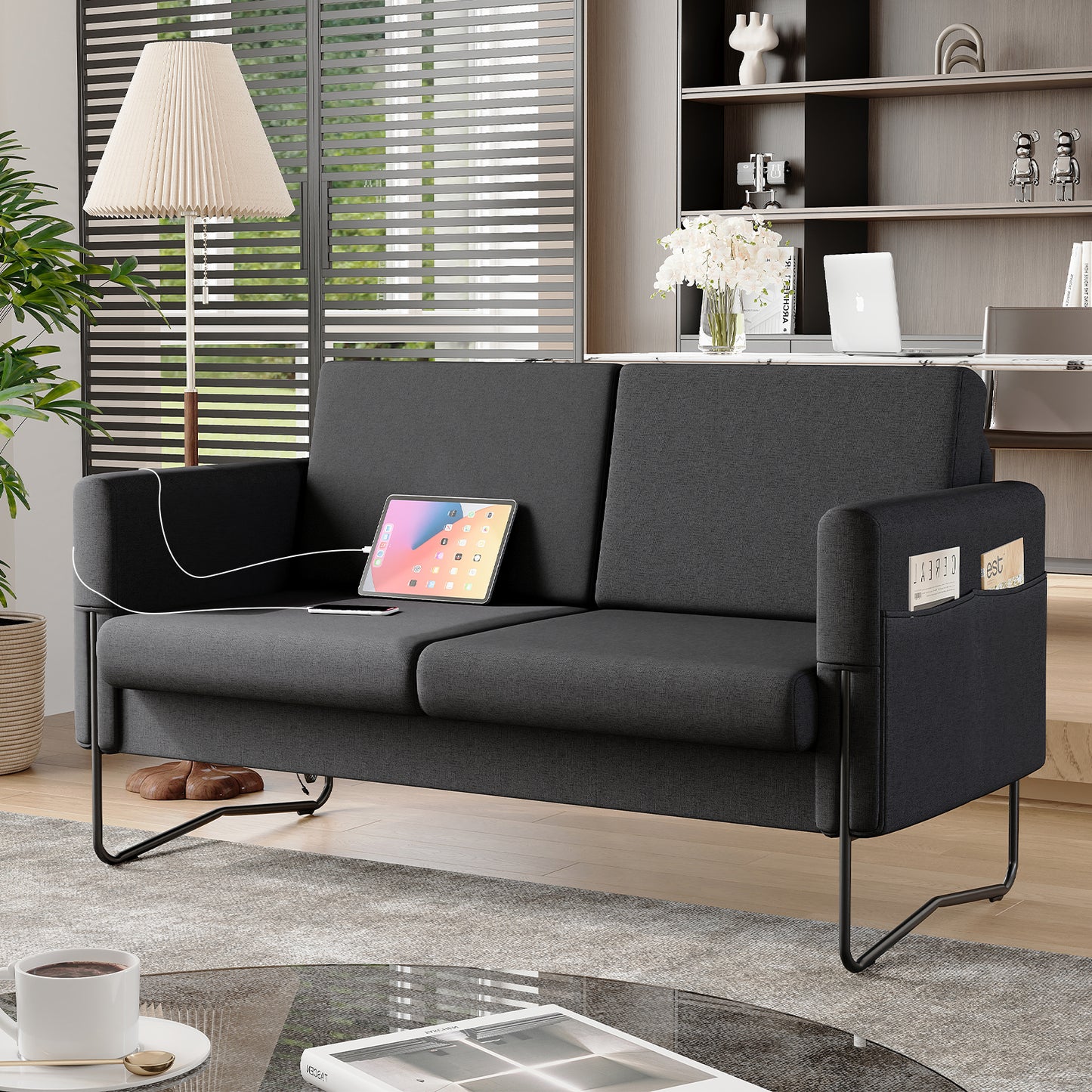 STHOUYN Small Black Love Seat Couches with USB Port & Side Pocket, Small Loveseat for Small Spaces, Mini Sofa for Bedroom, 2 Seater Office Couch (Black)