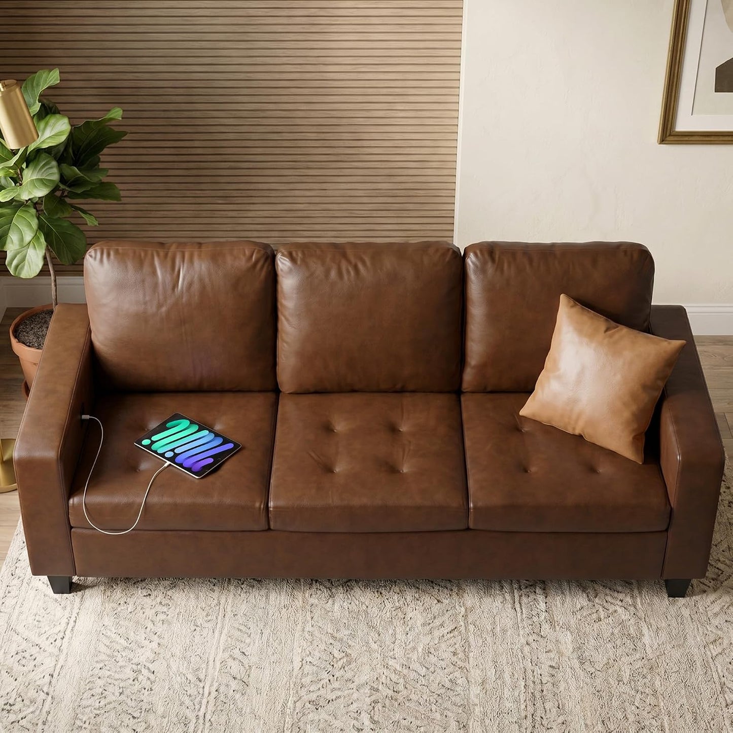 73” Modern Brown Faux Leather Sofa, Office 3 Seater Couch