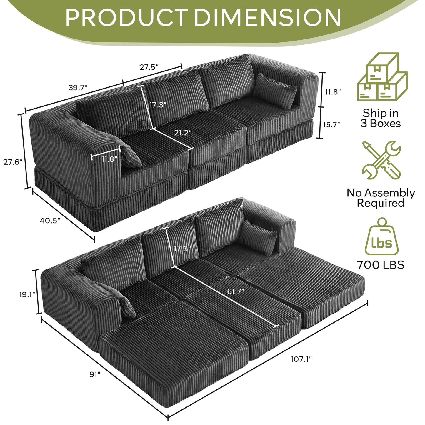 STHOUYN 106" Corduroy Folding Convertible Sleeper Sofa Bed, Grey Pull Out Floor Modular Couch with Pillow, Memory Foam Boneless Couchs Sectional for Living Room Bedroom (3, Grey)