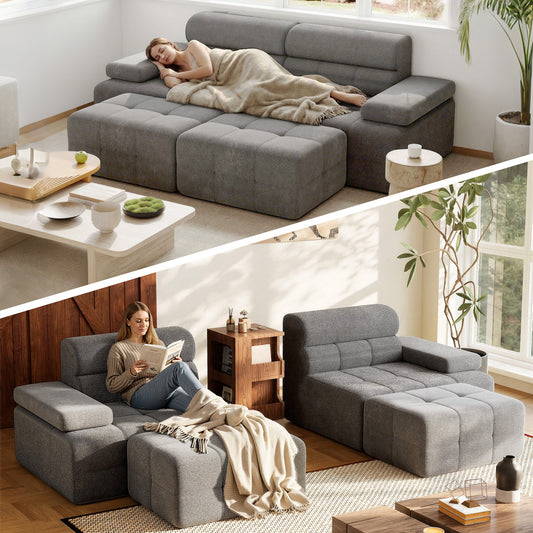 STHOUYN 99" Modular Cloud Sofa Sectional Couch with Ottoman & Higher Backrest, Modern Boneless Couches for Living Room Set Corner Sofa (Grey, 99 Inches)