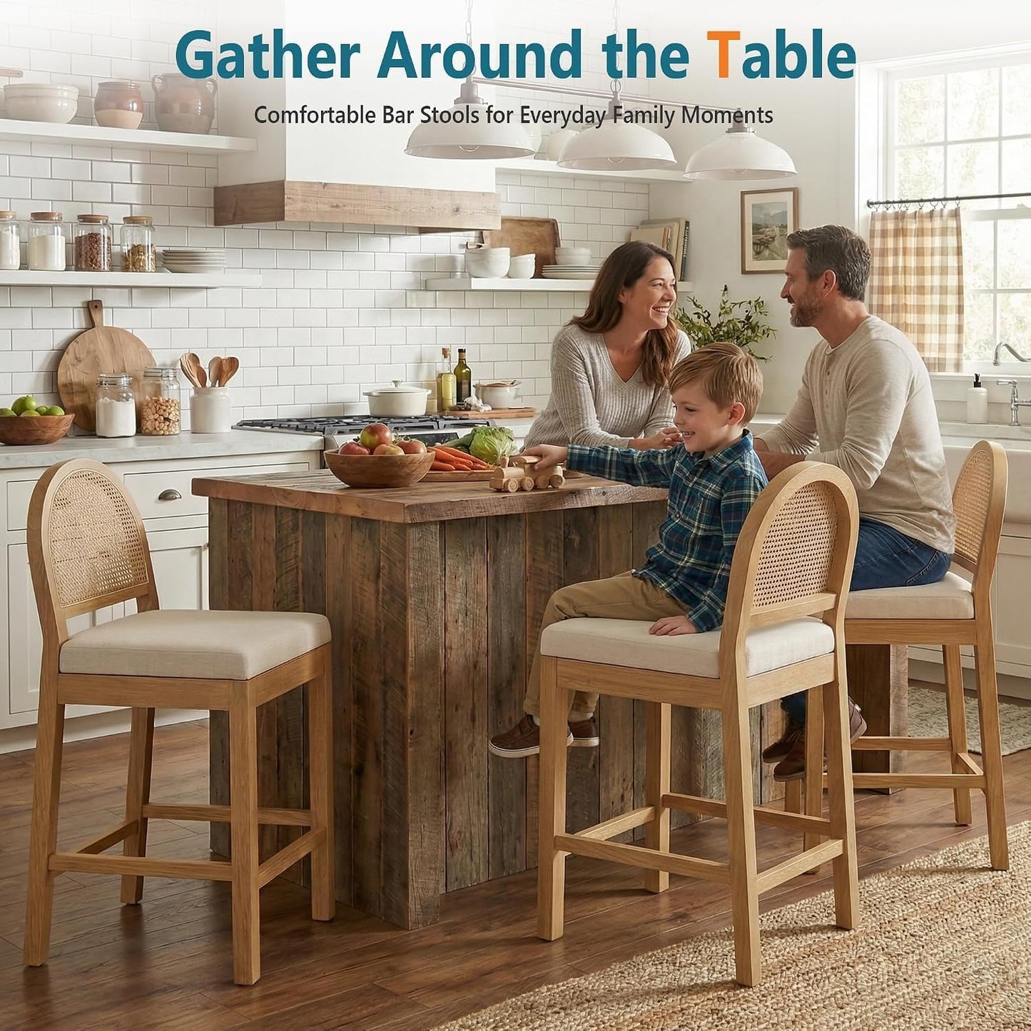 STHOUYN Upholstered Rattan Bar Stools Set of 4, Wooden Island Chairs, Cream White