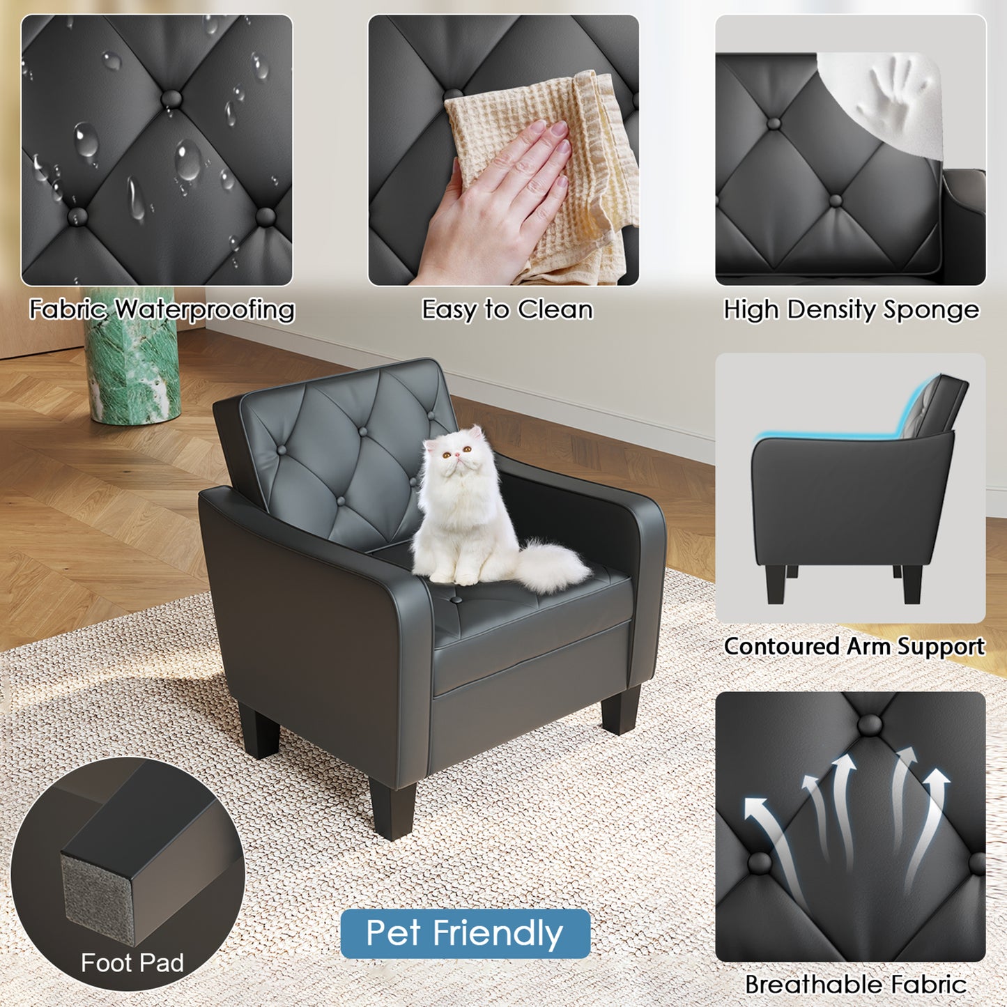 STHOUYN Black Accent Chairs Set of 2, Mid-Century Modern Faux Leather Armchair, Upholstered Living Room Chair Tufted Back, Ergonomic Office Guest Reading Chair Waiting Room, 330LBS Capacity (2, Black)