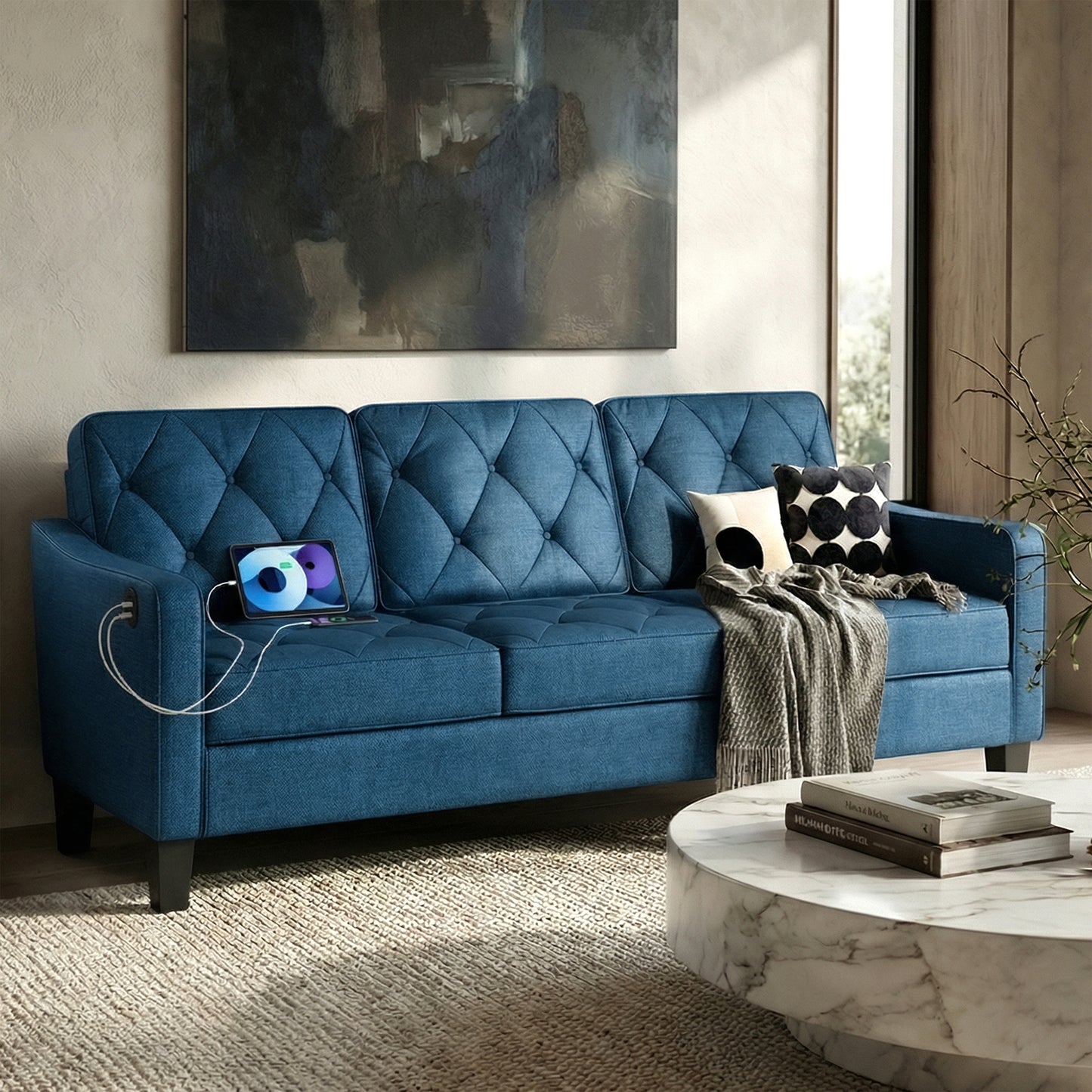 STHOUYN 83” Mid Century Modern 3 Seater Couch, Comfy Blue Couch for Apartment Office Waiting Area, Small Couches for Living Room, Tufted Design (Blue)