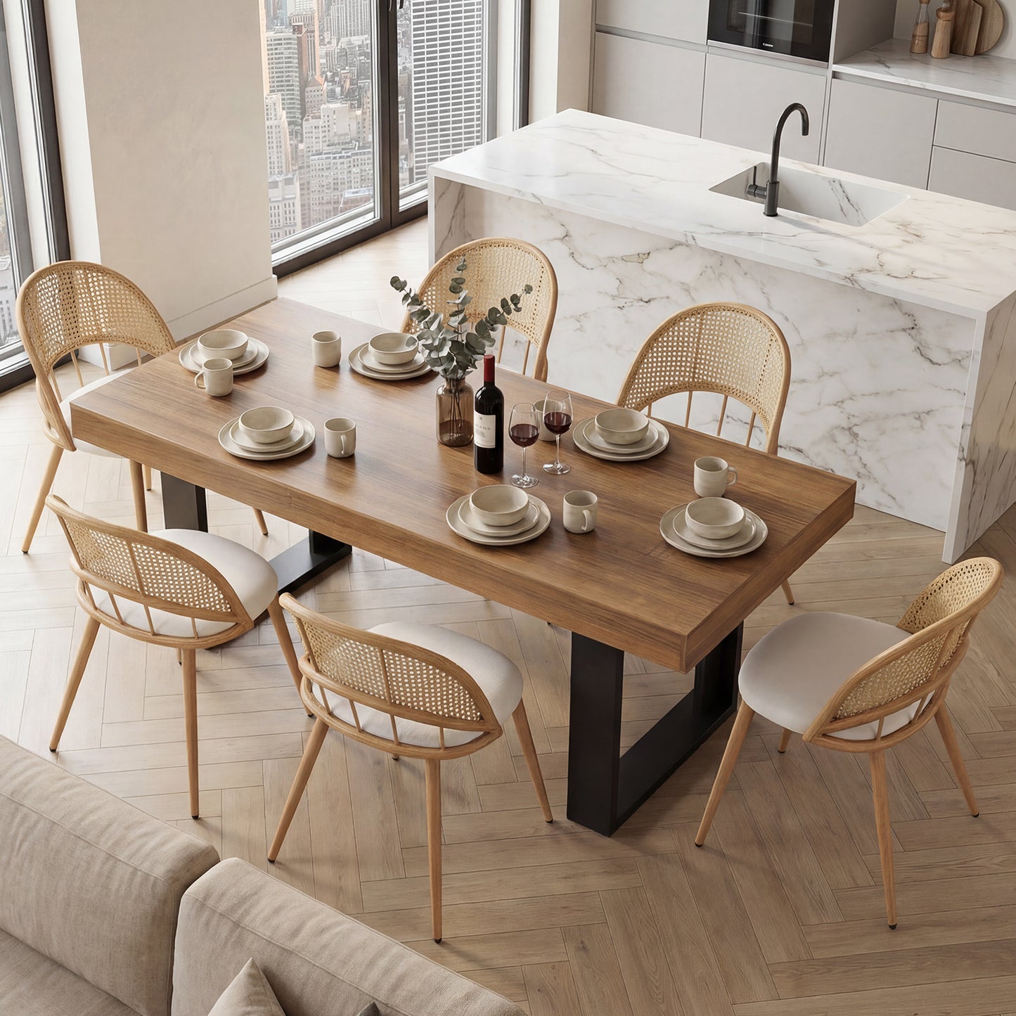 STHOUYN 71"-87" Farmhouse Wood Extendable Dining Room Table Set with 6 Upholstered Chairs, Rectangular Expandable Retractable Kitchen Table and Chairs Set of 6 (71"-87" Brown Table + 6 White Chairs)