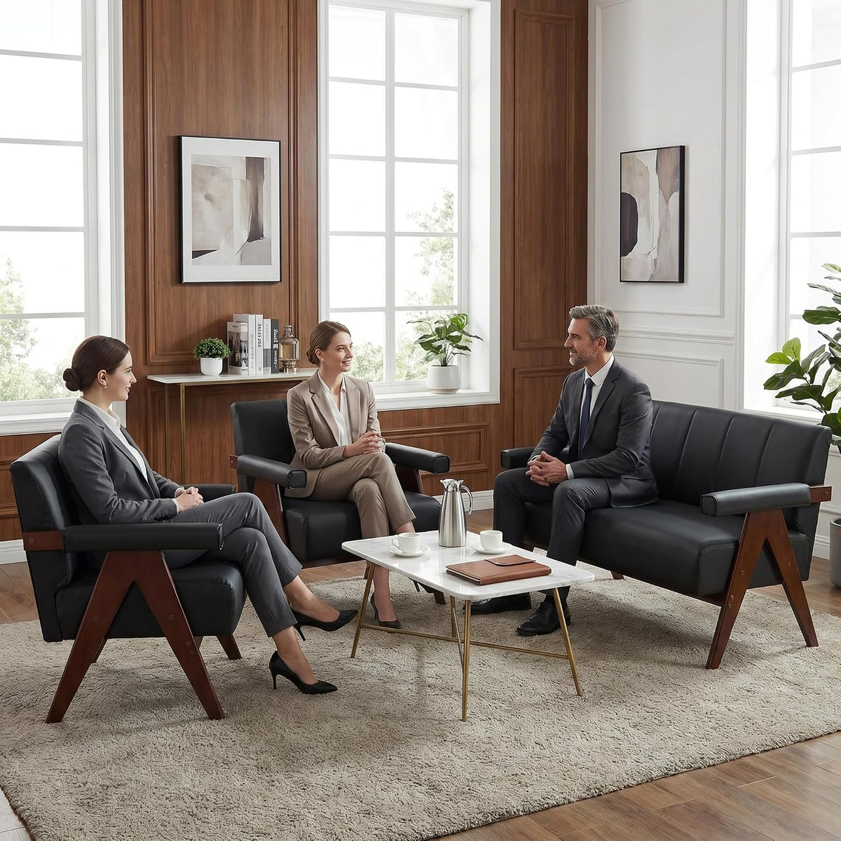 STHOUYN 50" Small Black Faux Leather Sofa Couch, Wooden Loveseat for Office