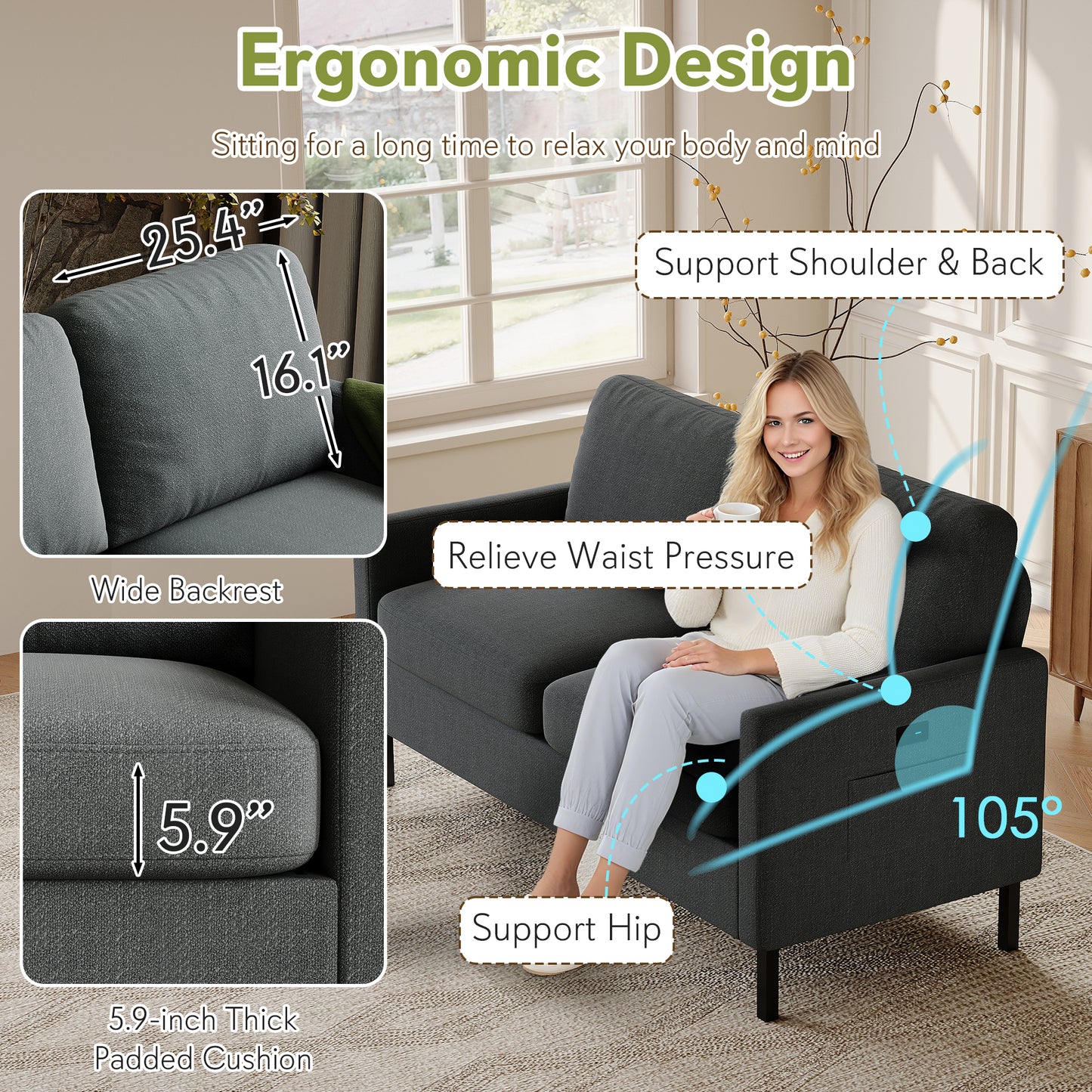 STHOUYN Modern 3-Piece Living Room Set, 56" Grey Sofa Loveseat with USB Ports, Small Couch and Chair Set for Small Space, Apartment, Office (Grey, 2 Chairs + 1 Loveseat)