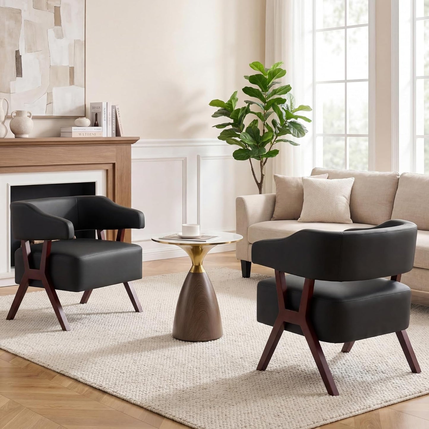 STHOUYN Leather Accent Chairs, Barrel Chair with Solid Wood Frame, Mid-Century Modern Wooden Armchair with Wraparound Back, Comfy Office Reading Chair for Living Room, Bedroom (2, Black)