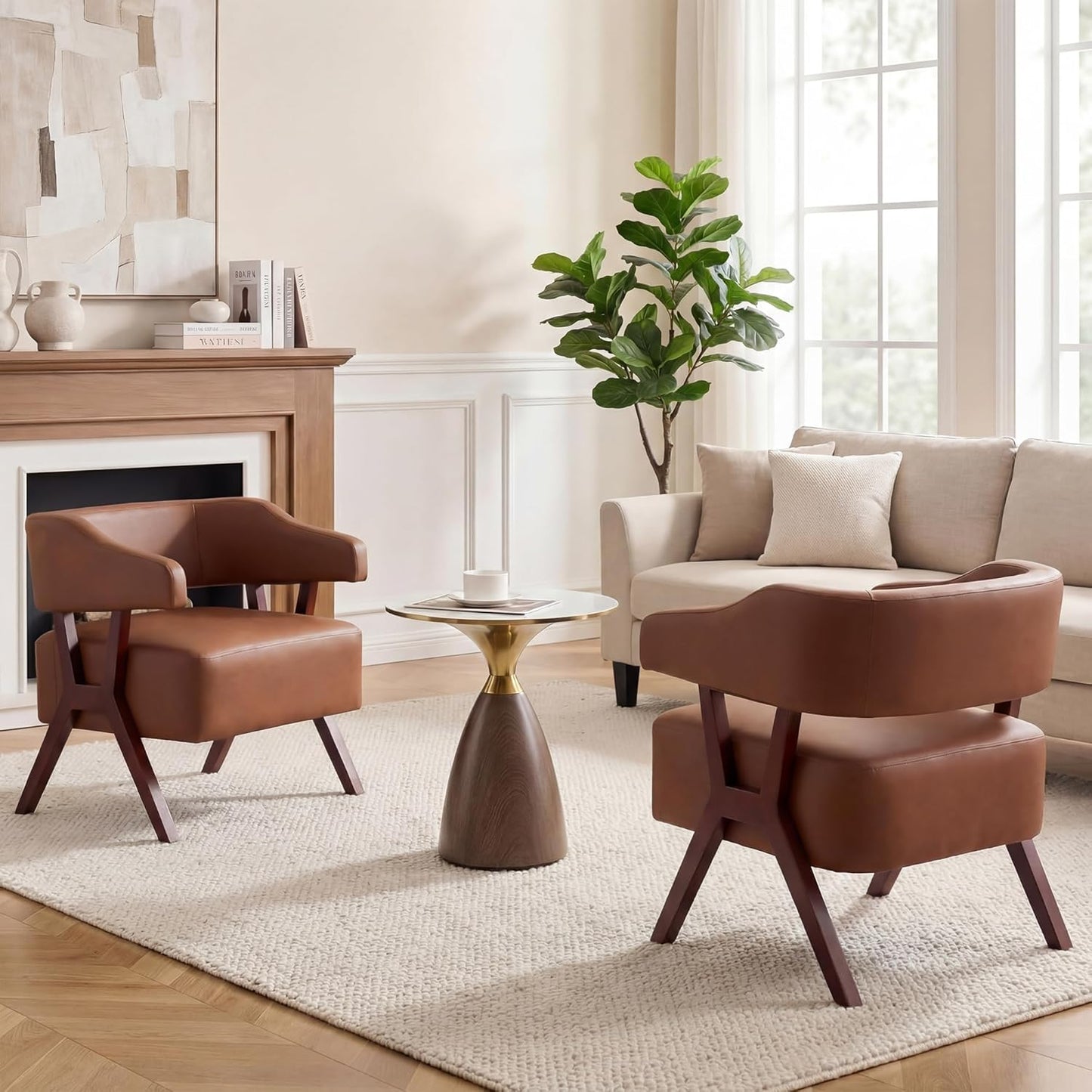 STHOUYN Leather Accent Chairs, Barrel Chair with Solid Wood Frame, Mid-Century Modern Wooden Armchair with Wraparound Back, Comfy Office Reading Chair for Living Room, Bedroom (2, Brown)