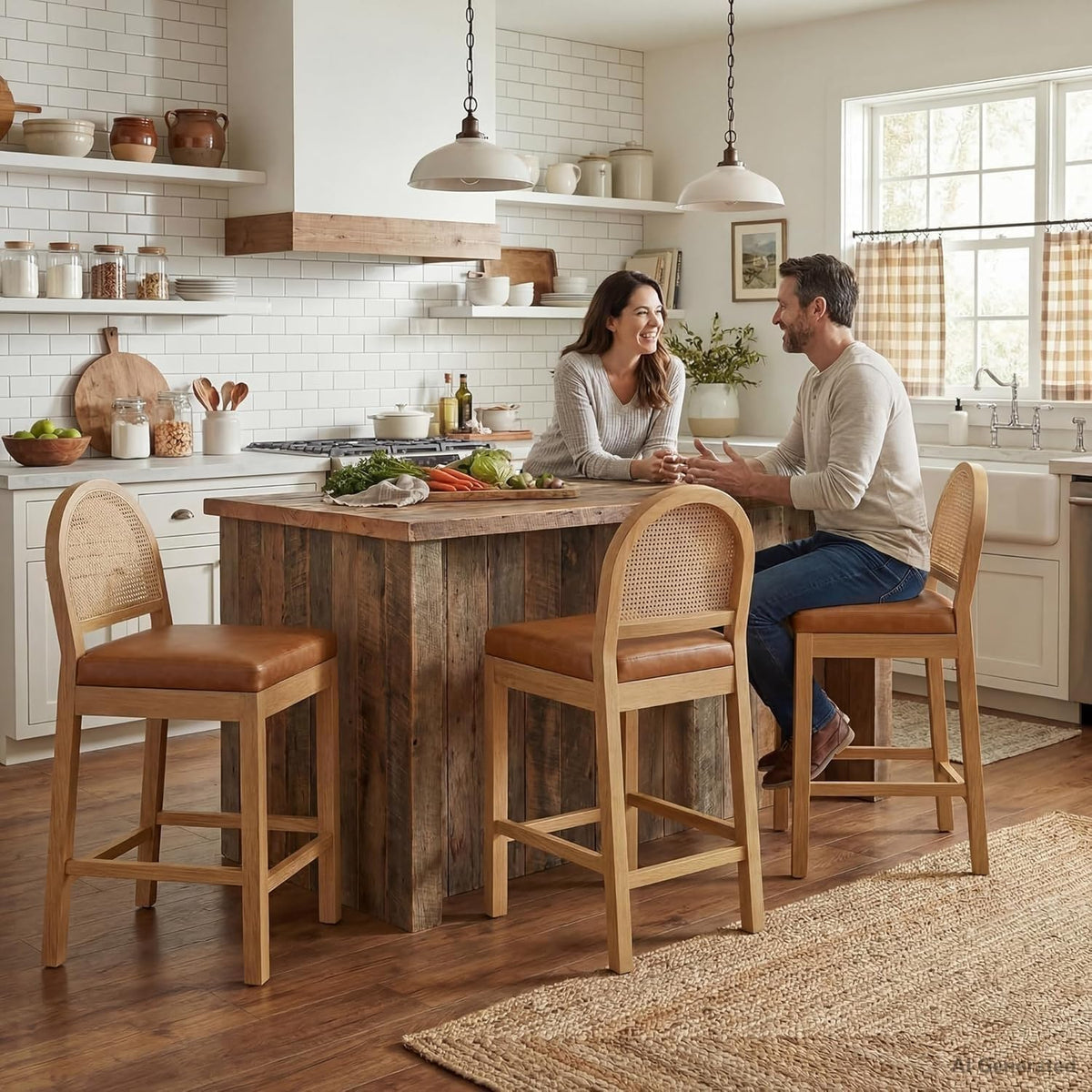STHOUYN Upholstered Rattan Bar Stools Set of 4, Wooden Island Chairs, Brown