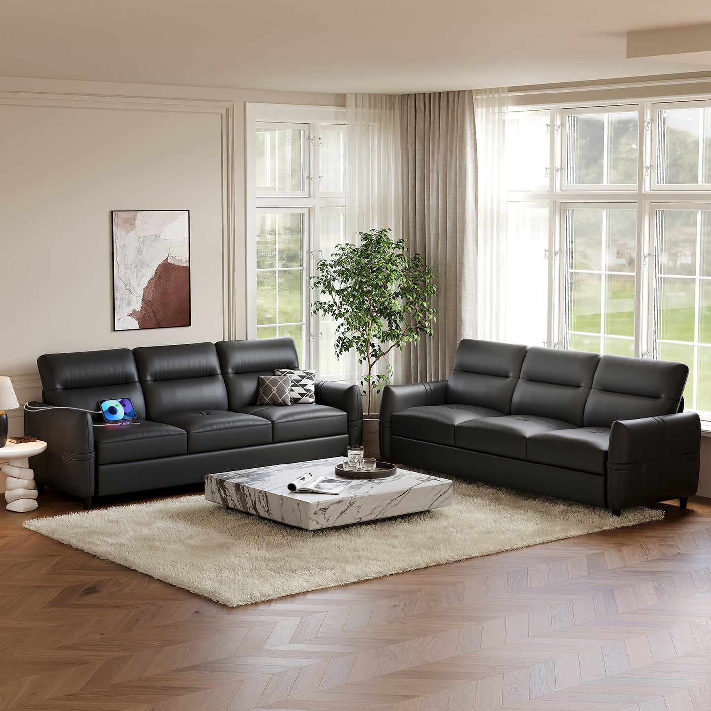 STHOUYN 85” Black Faux Leather Couch with USB, 3 Seater Couch for Living Room, Large Mid Century Modern Office Sofa for Apartment, Bedroom